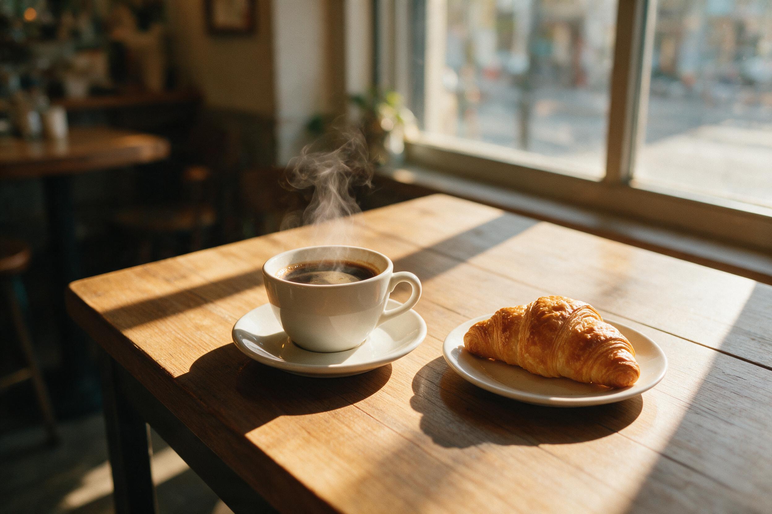 A cozy morning scene in a small café, warm golden sunlight streaming through a large window, casting soft shadows on a wooden table with a steaming cup of coffee and a croissant, slight film grain, natural ambient lighting, shallow depth of field focusing on the coffee, blurred background with a few