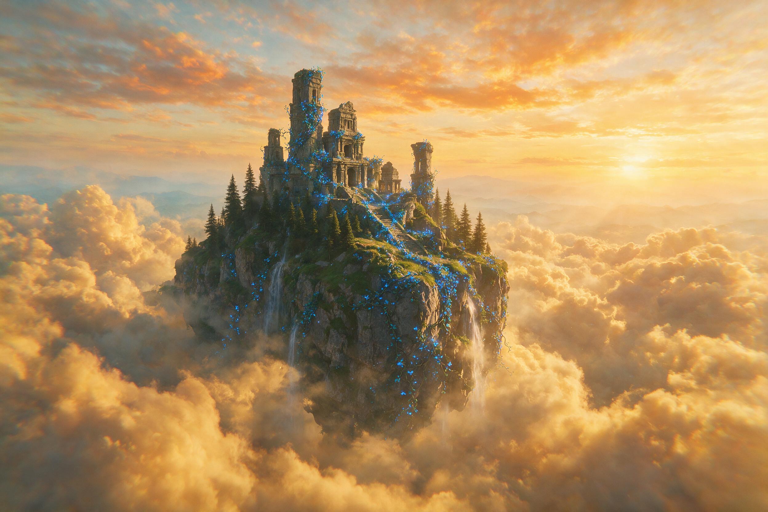 A luminous floating island drifts among golden clouds, ancient stone ruins entwined with glowing blue vines, warm sunset light filters through mist, wide-angle lens, soft atmospheric haze, subtle chromatic aberration at edges.