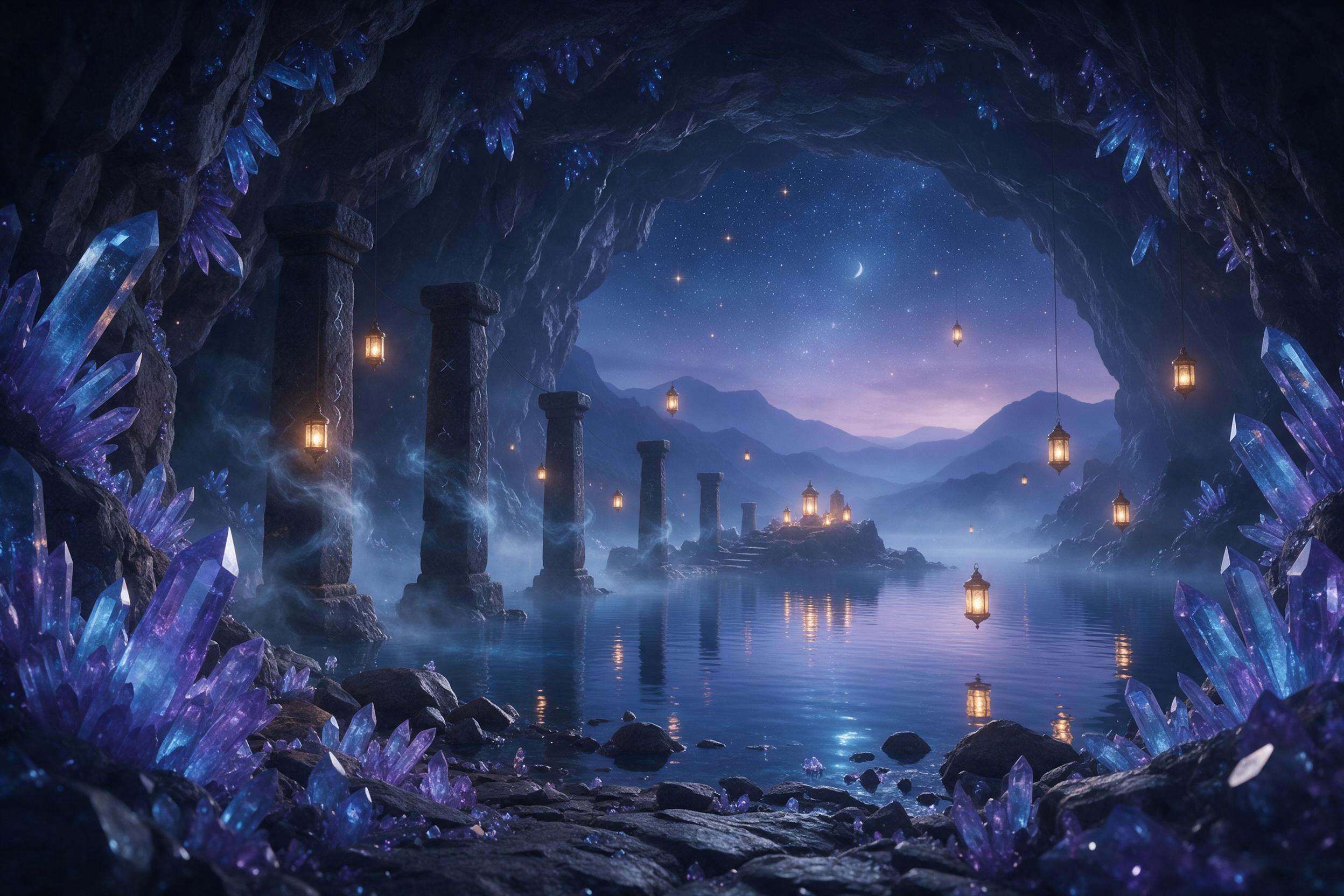 A glowing crystal cave hidden beneath a starlit sky, luminescent blue and purple crystals jutting from the walls, a serene underground lake reflecting the celestial light, wisps of magical mist curling around ancient stone pillars, warm amber glow from floating lanterns, cinematic wide shot, soft vo