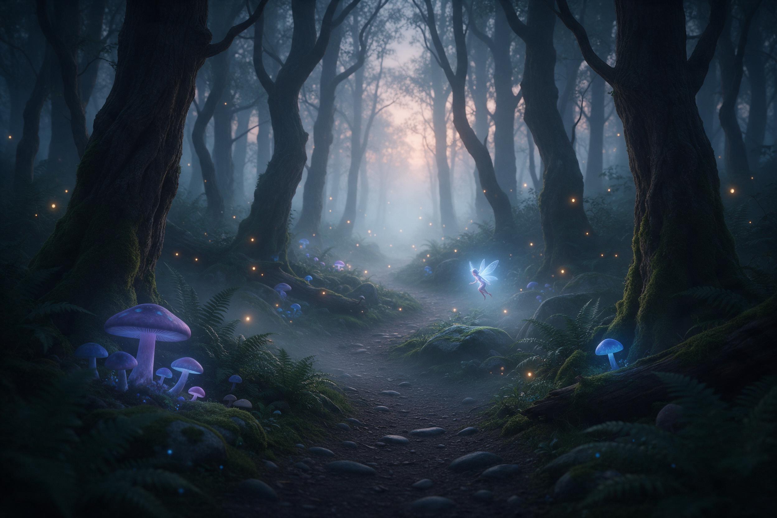 A misty ancient forest at twilight, towering twisted trees with bioluminescent mushrooms casting soft blue and violet light, a small glowing sprite darting between mossy stones, gentle fog rolling over ferns, warm amber fireflies scattered, composition with leading path curving into the luminous dep