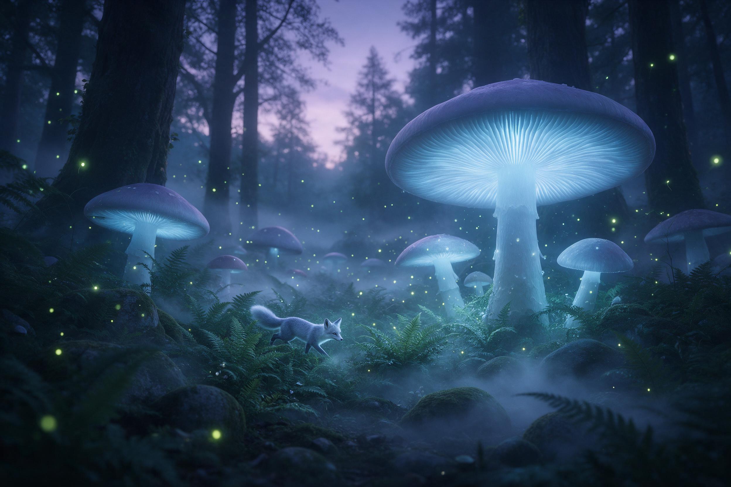 A misty ancient forest at twilight, colossal glowing mushrooms casting soft blue light, a tiny fox with silver fur weaving between ferns, fireflies drifting upward, ethereal fog curling around mossy stones, cool cyan and violet palette, wide-angle composition, soft diffused glow