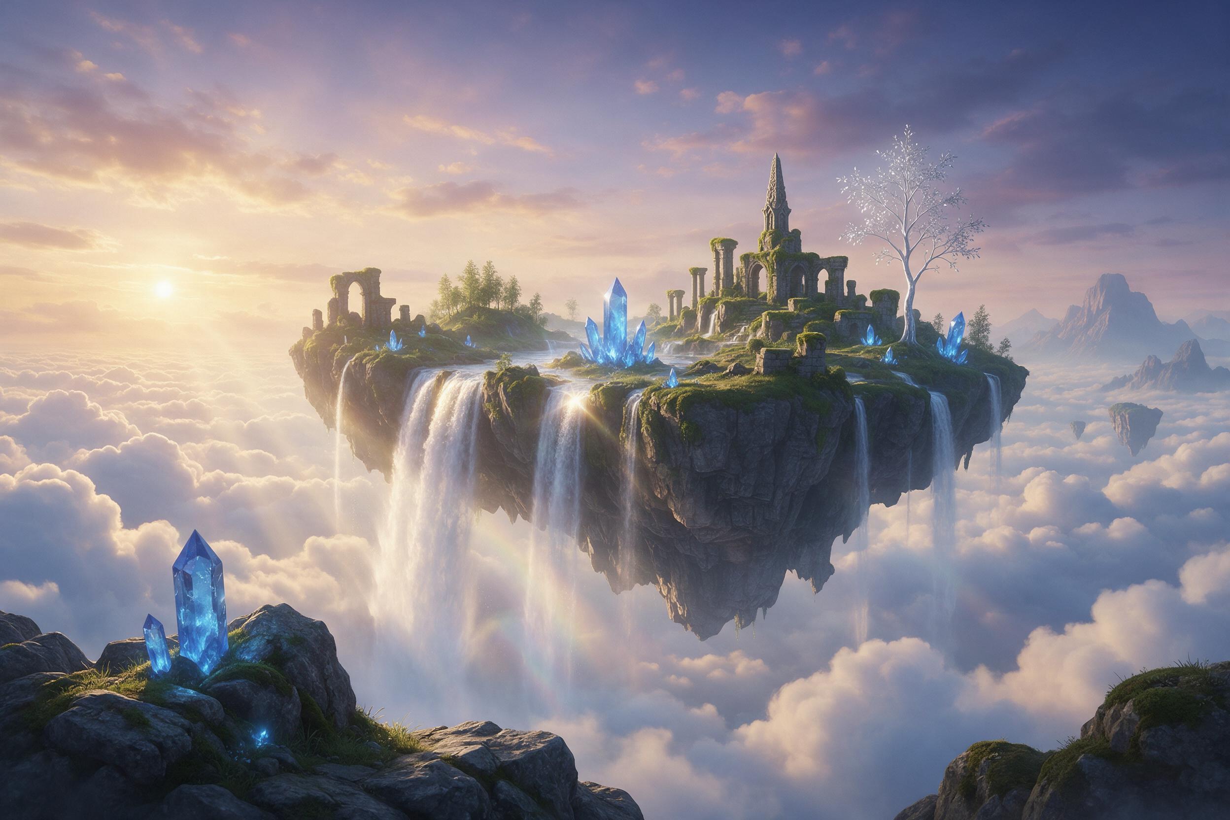 An ancient floating island with cascading waterfalls and glowing blue crystals, hovering above a sea of clouds at dusk. Soft golden sunlight pierces through mist, illuminating mossy stone ruins and a lone silver tree. Composition balanced, depth of field with foreground rocks and distant ethereal pe