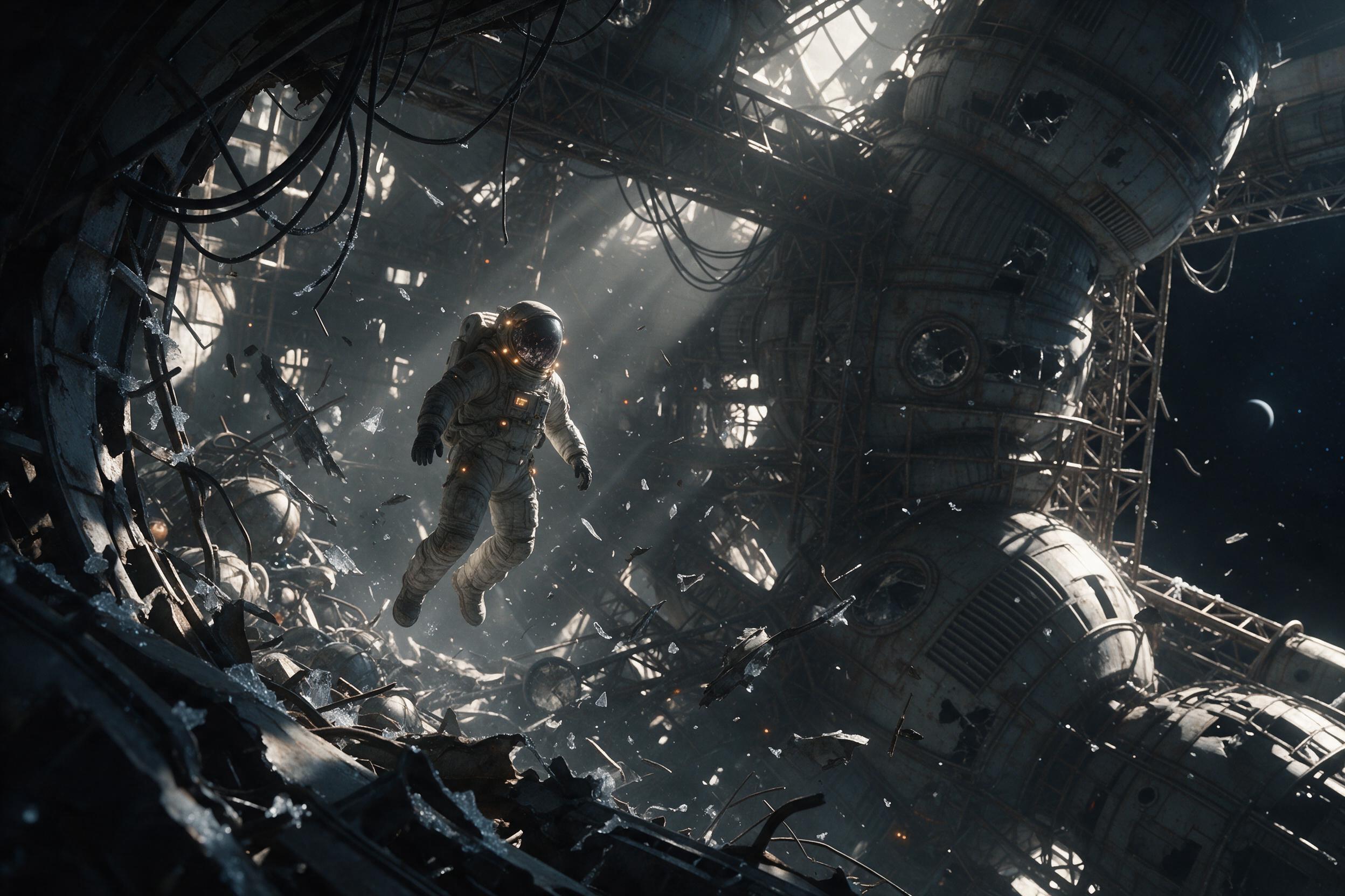 A lone astronaut drifts through a vast, derelict orbital shipyard, their suit's fading white emitting warm light against cold, rusted metal scaffolding. Choppy sunlight slices through broken hull breaches, casting long, angled shadows. Floating debris, cables, and frost crystals hang motionless. The