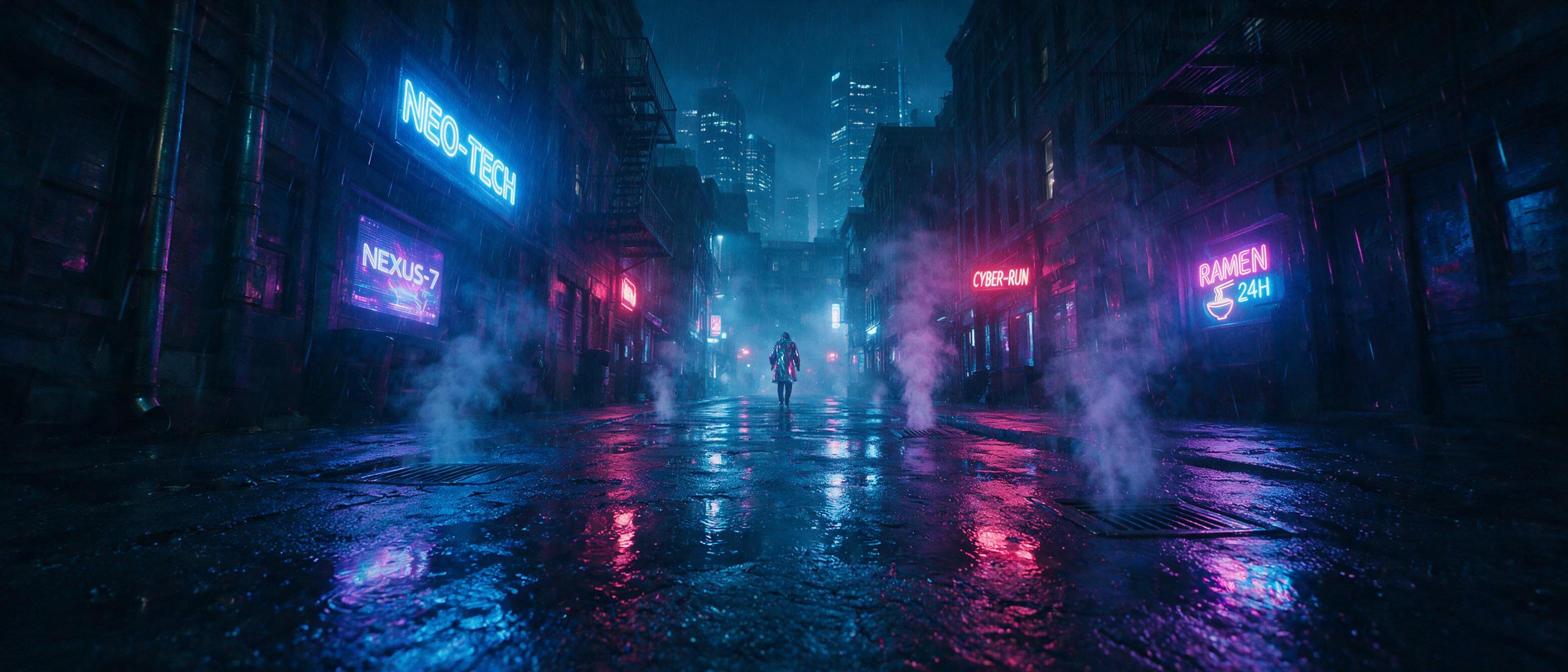 A rain-soaked cyberpunk alley at night, neon signs reflecting in puddles, steam rising from vents, a lone figure in a reflective trench coat walking away, camera slightly low, moody blue and magenta lighting, glass high-rises looming above, cinematic composition.