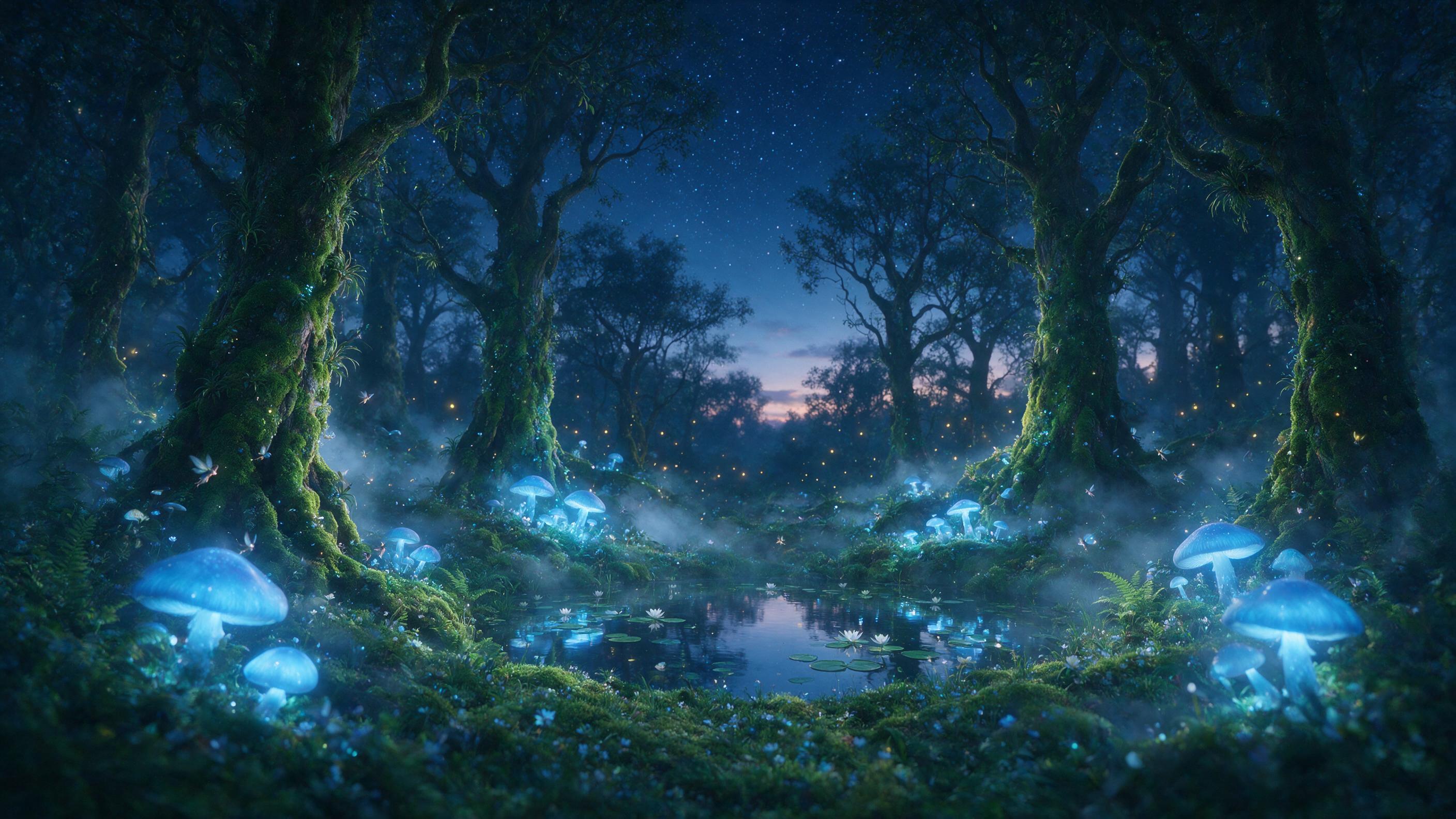 Ethereal bioluminescent forest at twilight, massive glowing mushrooms casting soft blue light, tiny winged fairies flitting between mossy tree trunks, serene pond reflecting starlight, mist rising, dreamy and magical atmosphere, warm golden tones from distant fireflies, soft-focus lens, shallow dept