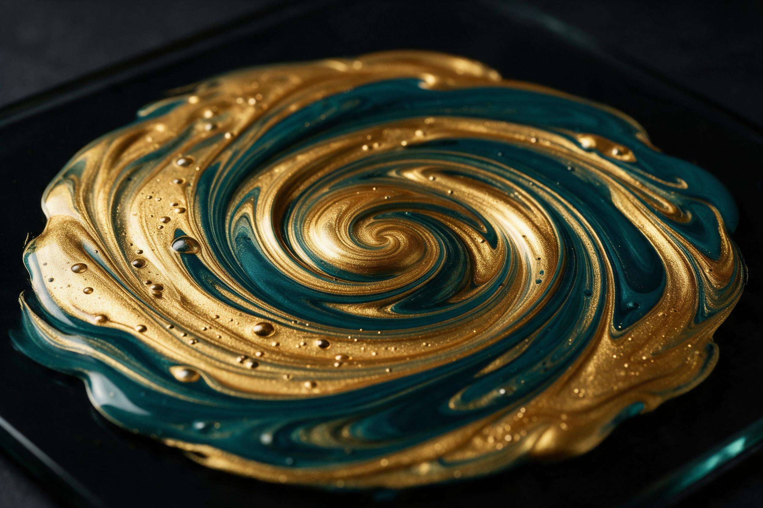 Macro shot of swirling liquid gold and deep teal acrylic paint mixing on a black glass surface. Dramatic side lighting creates sharp highlights and long shadows, revealing the layered viscosity of the fluid. Compositional focus on the central vortex, with fine air bubbles trapped in the metallic she