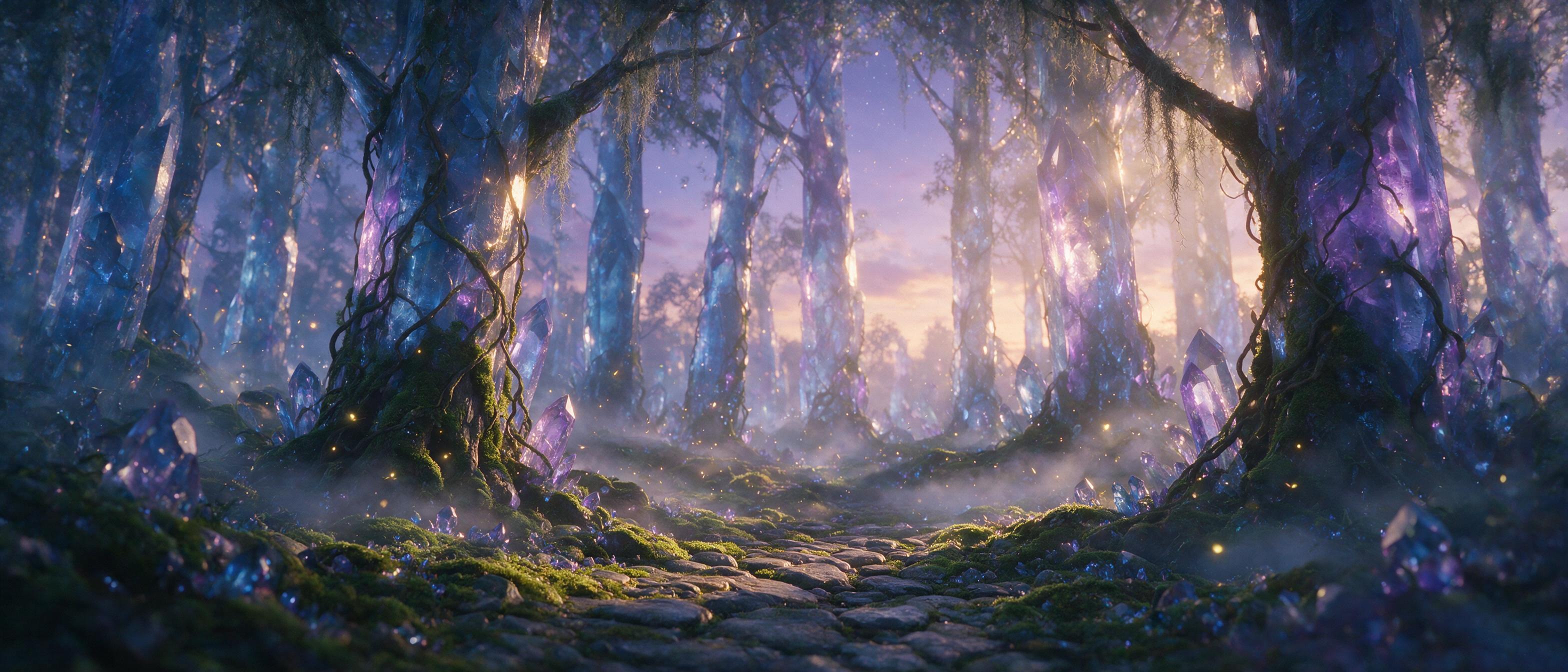 A glowing crystal forest at twilight, with towering translucent trees emitting soft blue and violet light, fireflies floating in the air, a winding path covered in moss, mist rolling through the scene, golden hour light filtering through the canopy, cinematic composition, ethereal atmosphere
