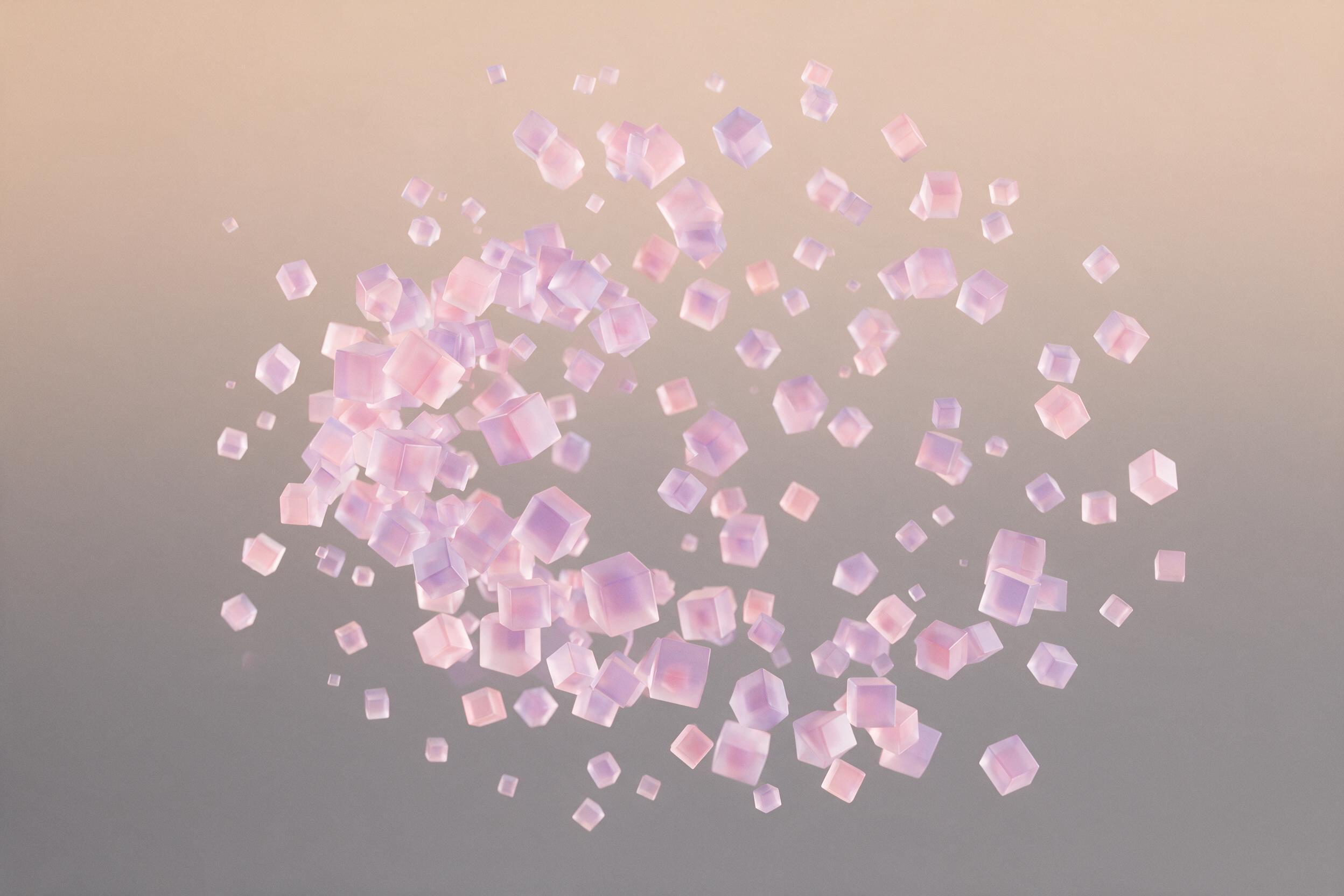 A swirling composition of translucent geometric cubes in pastel pink and lavender, suspended in a soft gradient of warm beige to cool gray. Subtle reflections on the cubes, gentle ambient light from above, minimal shadows creating depth. No sharp edges, smooth transitions.