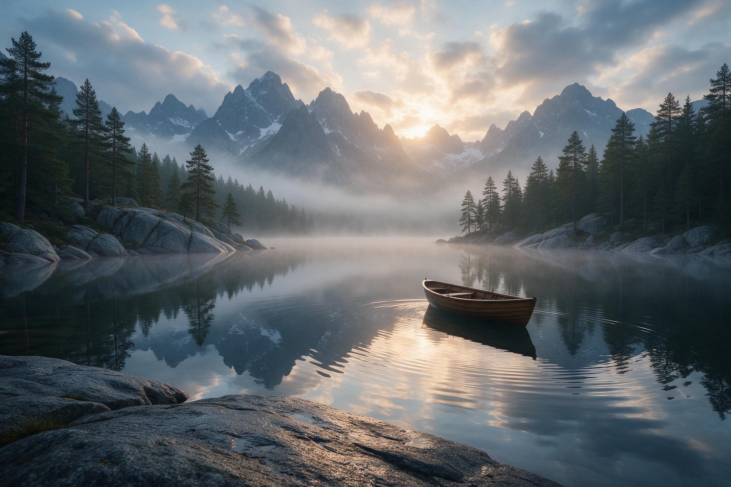 Misty alpine lake at dawn, mirror-like water reflecting jagged snow-dusted peaks, dense pine forest lining granite shores, soft golden sunrise breaking through scattered clouds, gentle ripples from a lone wooden rowboat near shore, damp rock texture in foreground, cool blue and warm amber tones blen