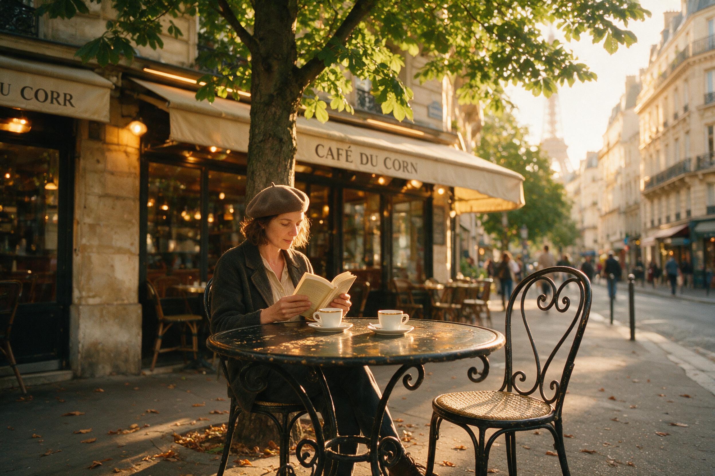 A cozy street cafe in Paris at golden hour, warm sunlight filtering through chestnut trees, wrought iron tables with two espresso cups, a woman in a beret reading a book, soft bokeh in the background, slight grain, natural lighting, shallow depth of field