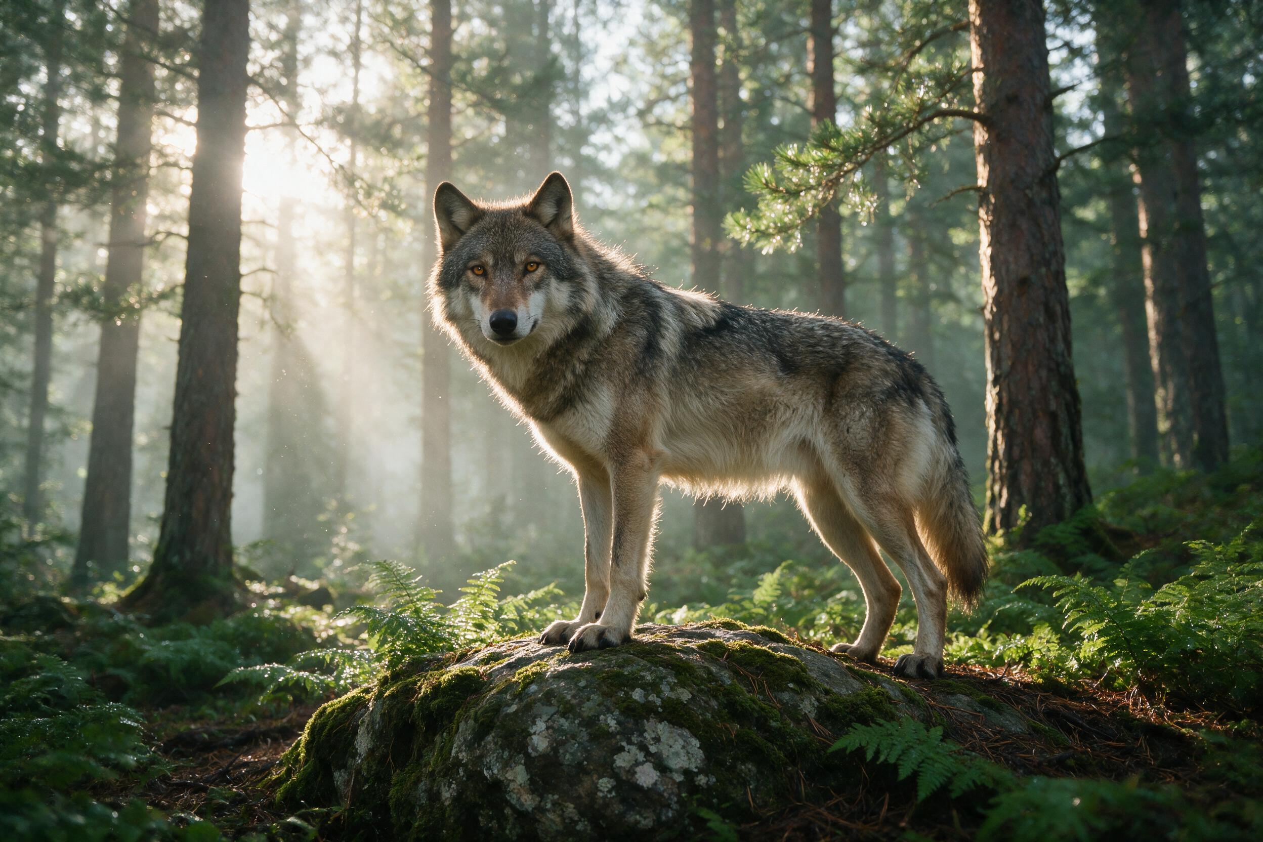 A lone wolf with piercing amber eyes stands on a moss-covered rock in a misty forest, soft morning light filtering through tall pines, shallow depth of field, natural green and earthy brown tones, slight fog, subtle motion in fur.