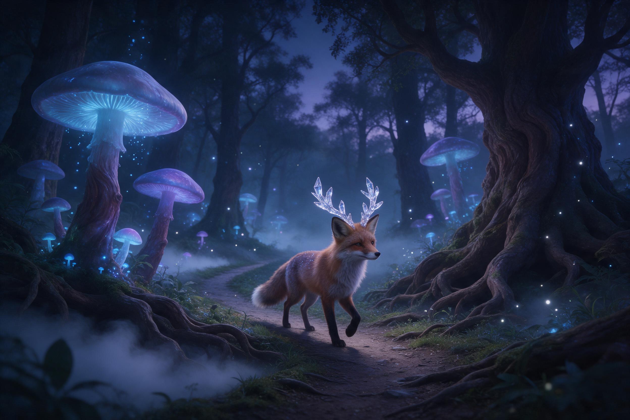 An ancient, mist-shrouded forest at twilight, where colossal bioluminescent mushrooms cast soft blue and violet light onto a winding mossy path. A lone fox with crystalline antlers stands mid-step, head turned. Fireflies drift in scattered clusters. Deep fog pools between gnarled roots, and faint, e
