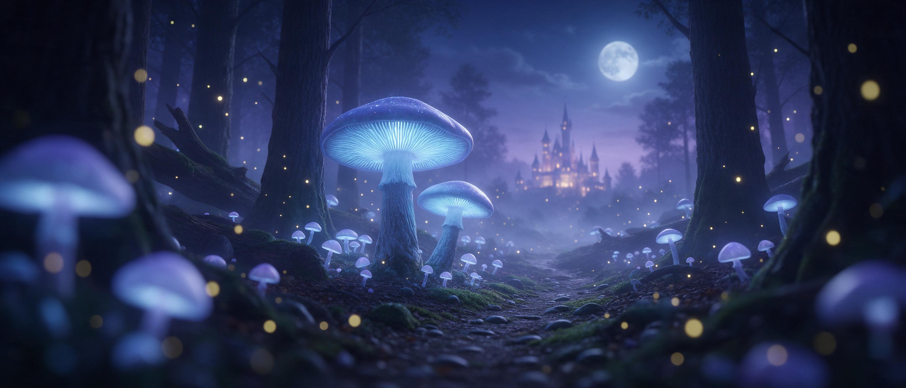 A moonlit enchanted forest with towering luminescent mushrooms casting soft blue and violet light, a winding mossy path leading to a distant glowing castle, fireflies dancing in the misty air, ethereal atmosphere, shallow depth of field, cinematic composition