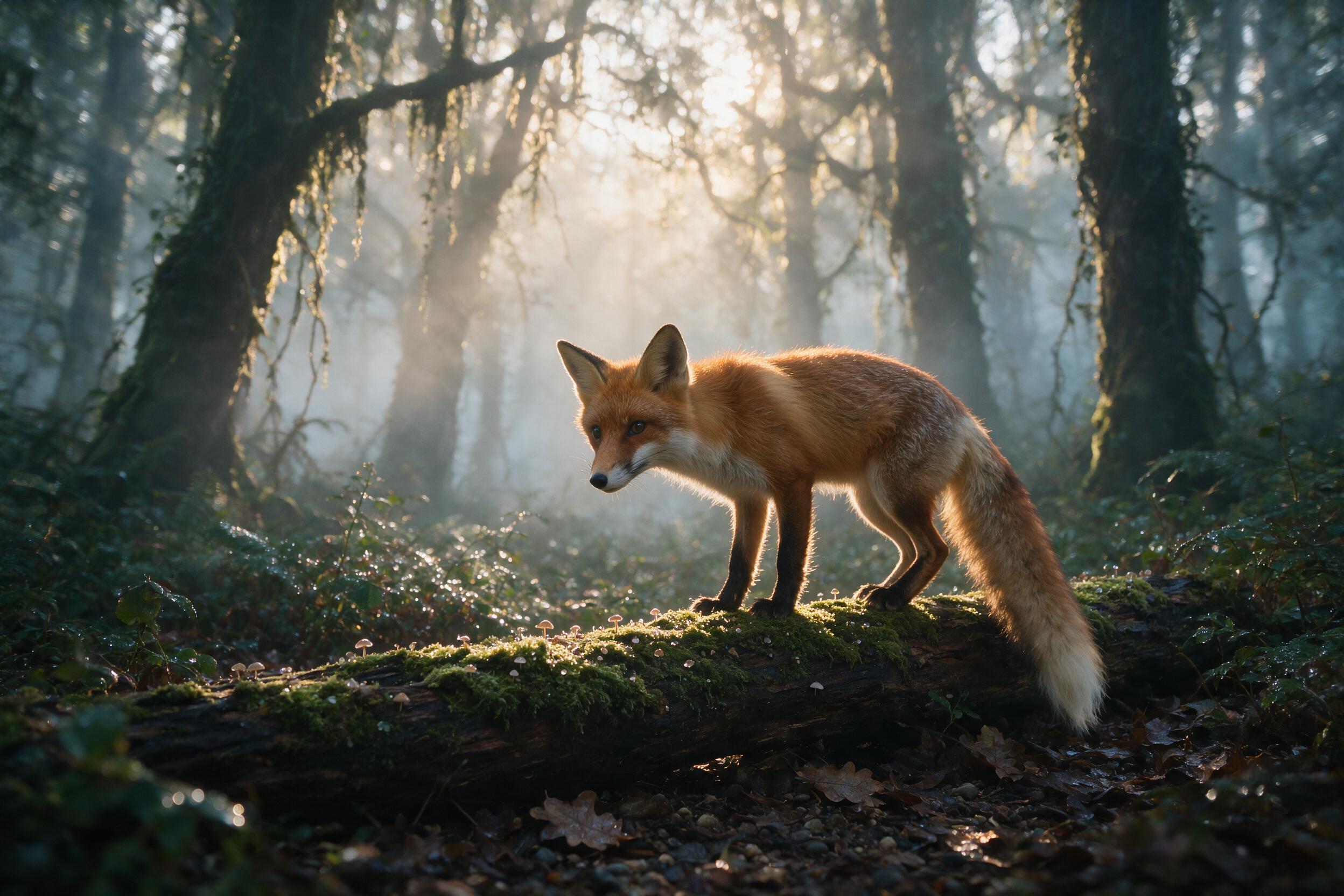A curious red fox standing on a mossy log in a misty forest at dawn, soft golden sunlight filtering through the trees, fur texture visible, subtle dew on leaves, slight camera motion blur, natural lighting, shallow depth of field