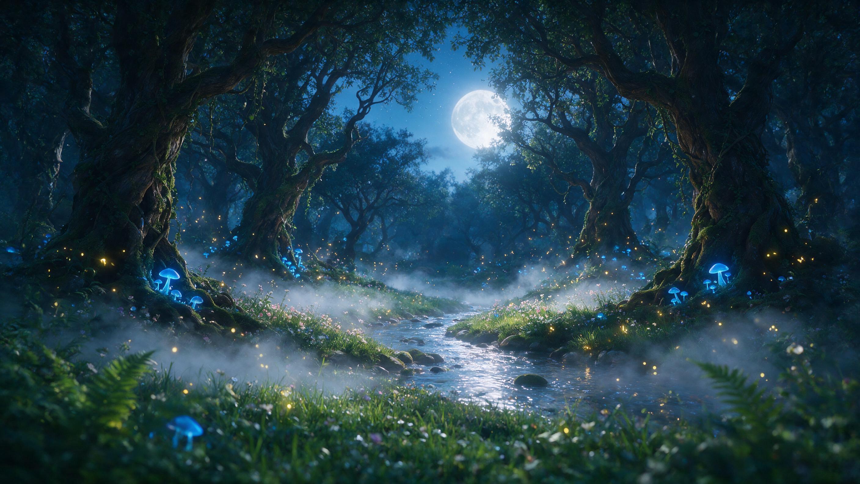 A moonlit enchanted forest clearing, ancient gnarled trees with glowing blue mushrooms at their roots, a shimmering silver stream winding through, fireflies casting warm golden light, mist swirling low, ethereal atmosphere, soft focus foreground, deep shadows, twilight blue and violet palette, mysti