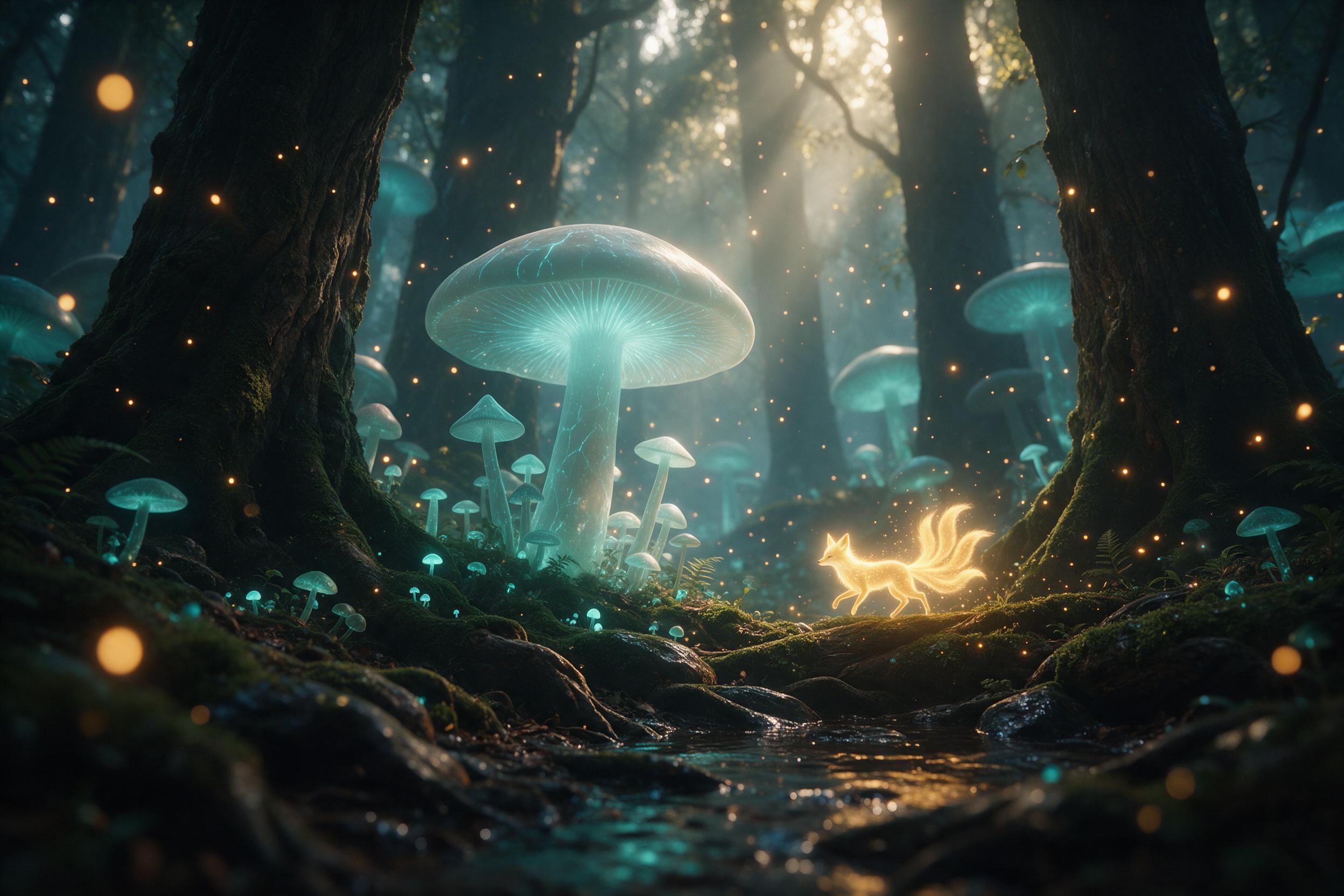 A misty ancient forest with colossal bioluminescent mushrooms casting soft teal light, a tiny glowing fox spirit weaving between mossy roots, golden fireflies swirling in the air, dappled sunlight breaking through the canopy, whimsical and ethereal atmosphere, cinematic composition with low-angle vi