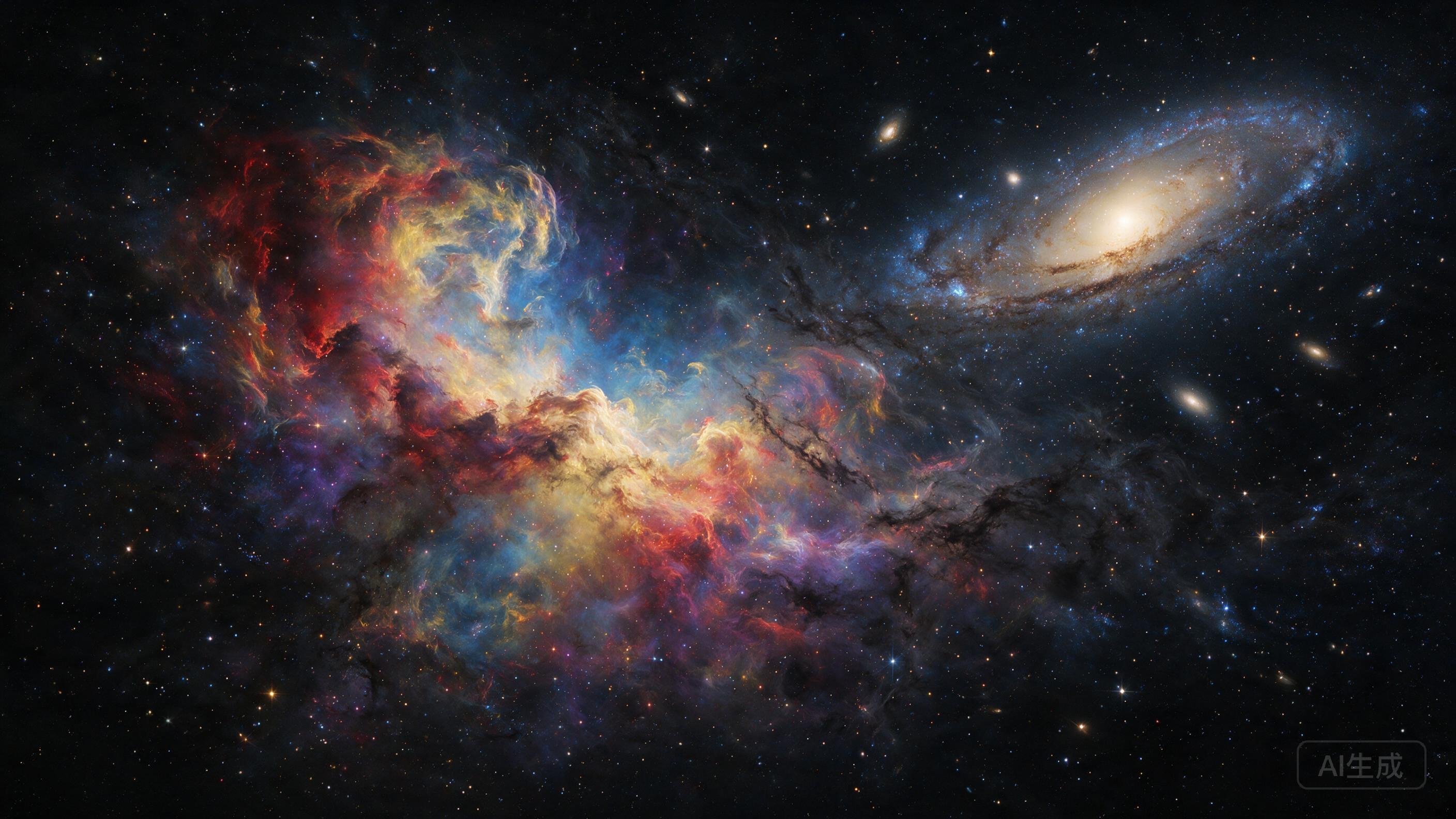 Deep space scene with a colorful nebula, distant galaxies, swirling cosmic dust, stars glittering, serene and vast