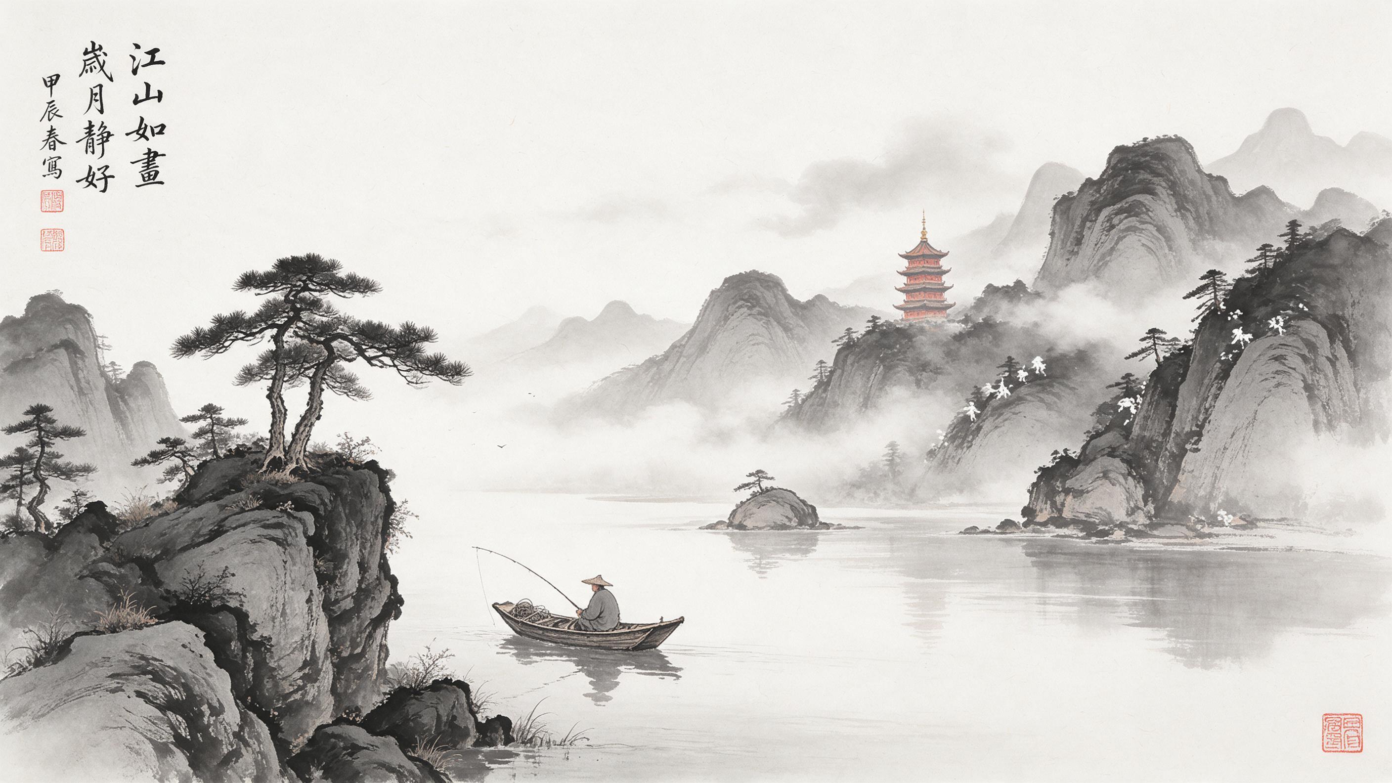 A lone fisherman in a small wooden boat on a misty river, surrounded by layered ink-wash mountains fading into fog. Pine trees cling to rocky cliffs, a red pagoda peaks above the clouds. Soft morning light, negative space, brushstroke textures on rice paper, subtle water reflections.