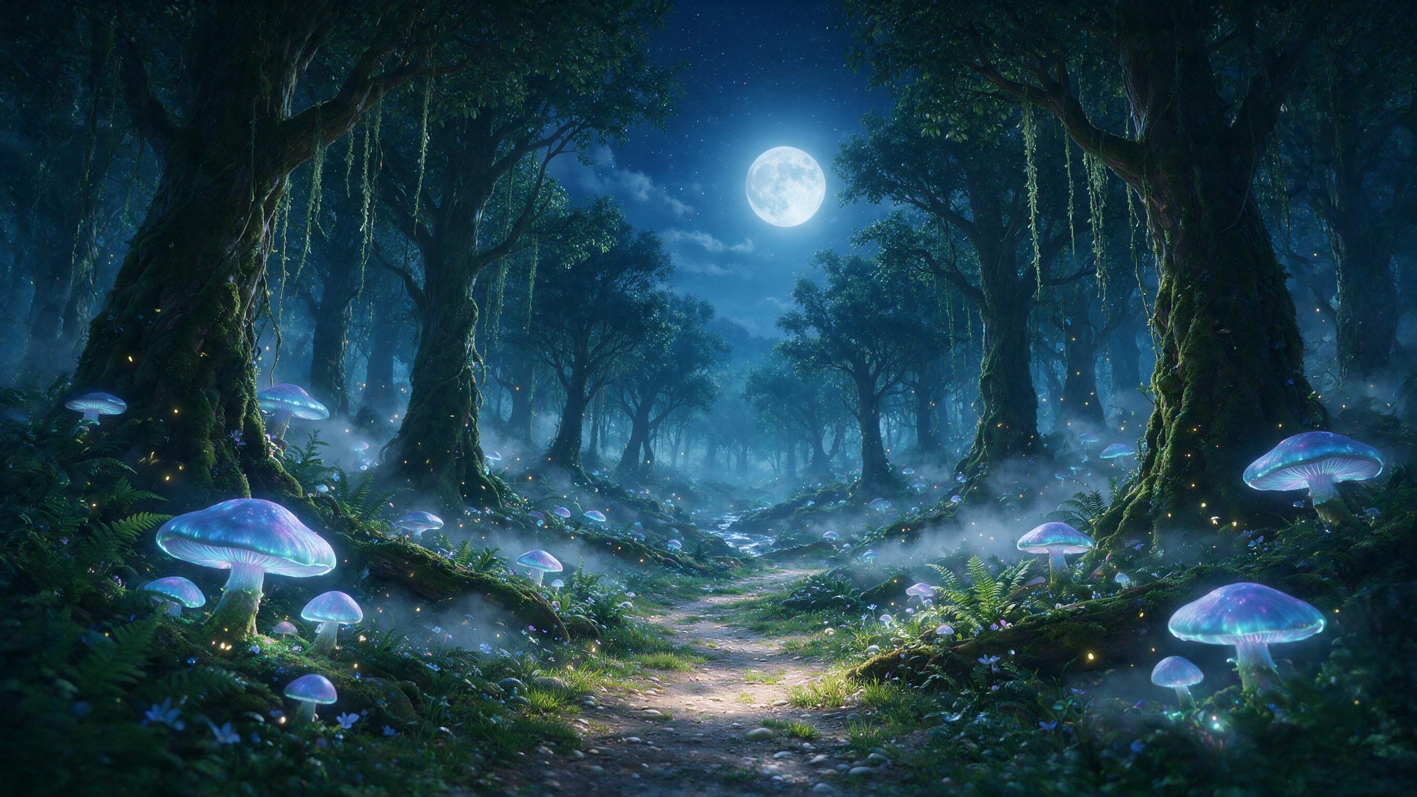 A moonlit enchanted forest with giant glowing mushrooms, their caps emitting soft blue and violet light, a narrow path winding between mossy trees, fireflies drifting in the air, mist rolling low, ethereal atmosphere, natural lighting from the moon, sharp focus on the path, gentle depth of field, no