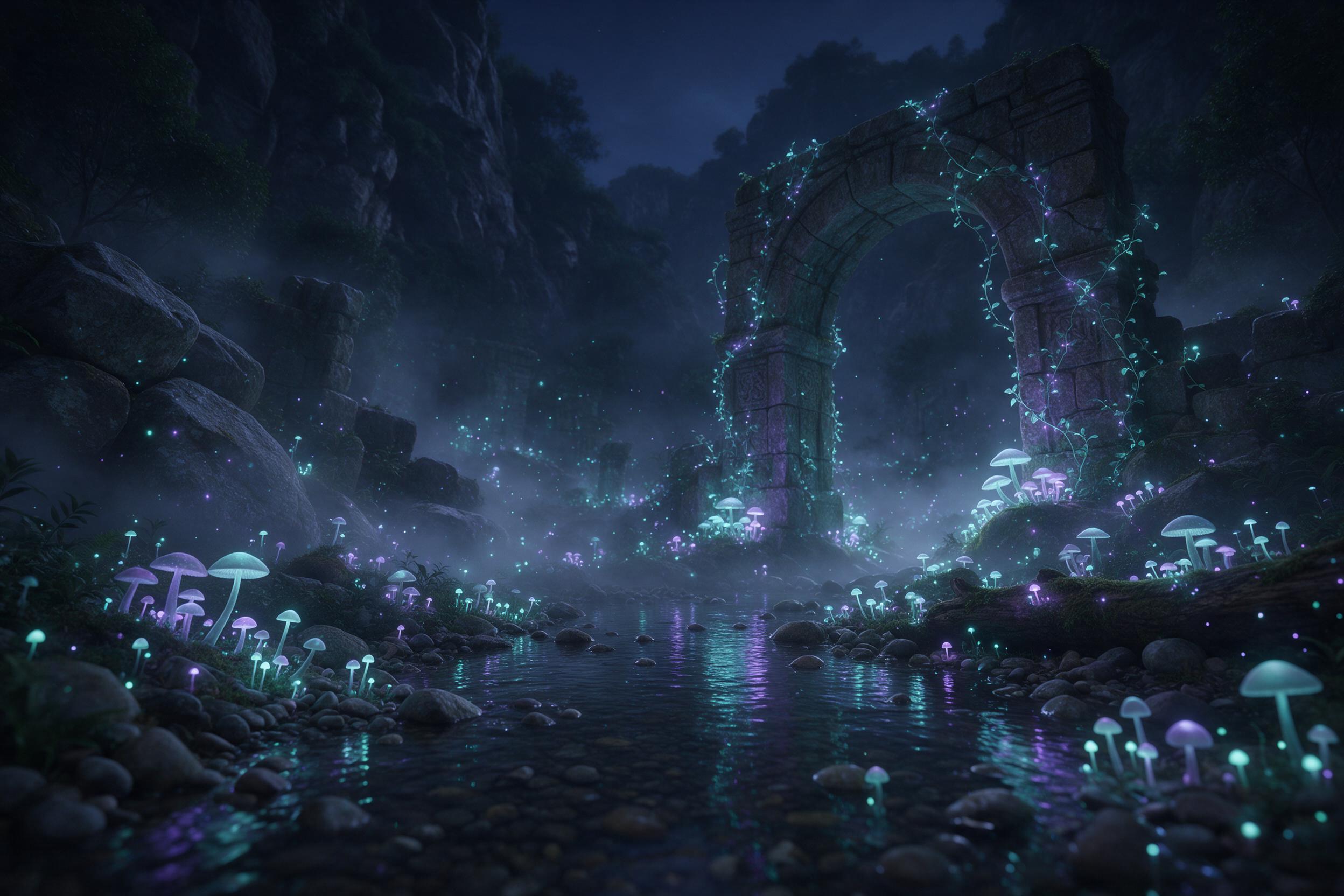 A hidden valley where bioluminescent mushrooms glow in soft teal and violet, casting gentle light on a quiet stream. Ancient stone ruins entwined with glowing vines frame the scene. Mist drifts low, refracting the light into shimmering particles. Composition: wide shot from a low angle, looking up t