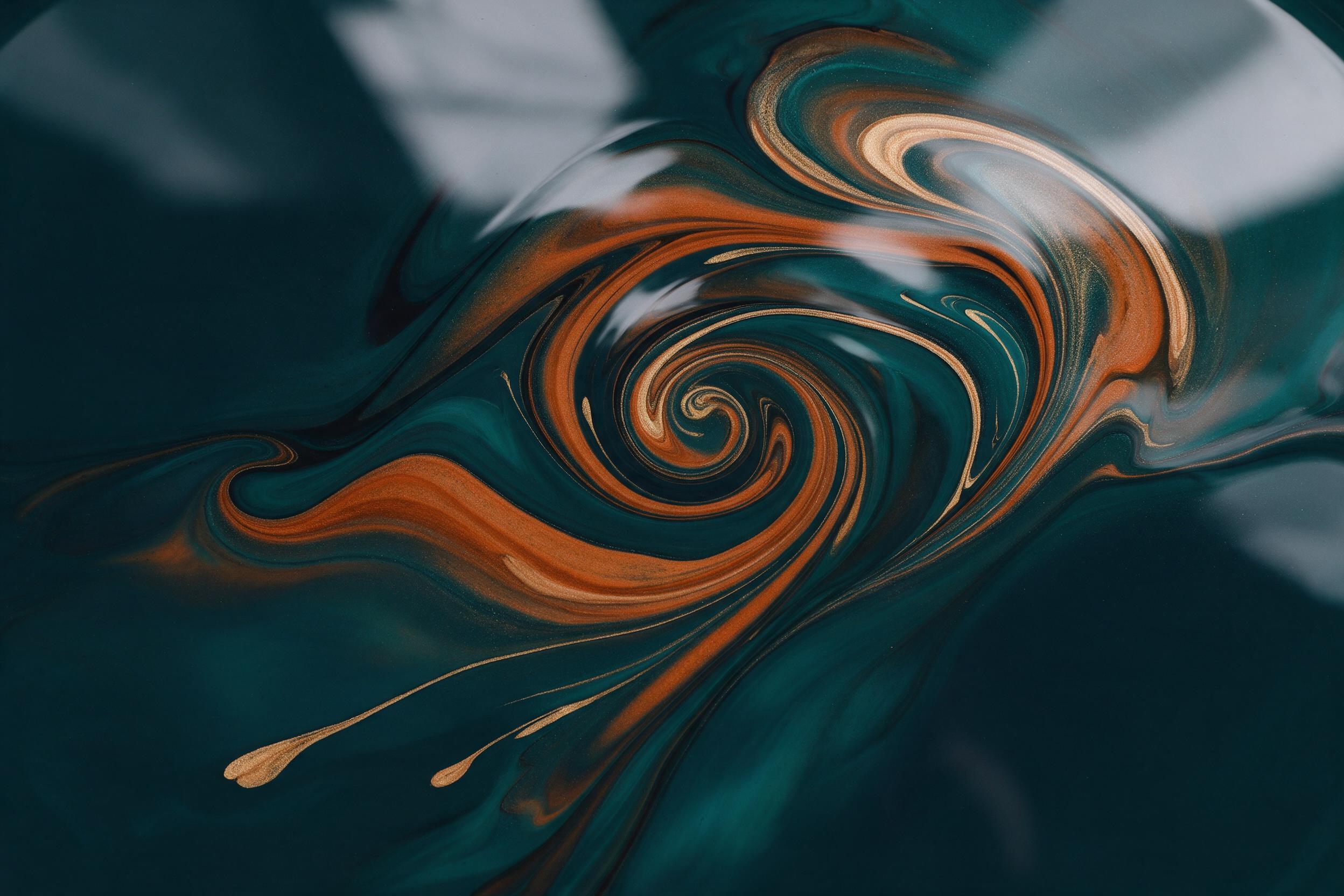 A minimalist fluid art composition with swirling ribbons of iridescent oil paint in deep teal, burnt orange, and gold. Smooth, glossy surfaces reflect soft studio lighting. Centered, balanced negative space. Subtle macro texture, no text, no watermarks.