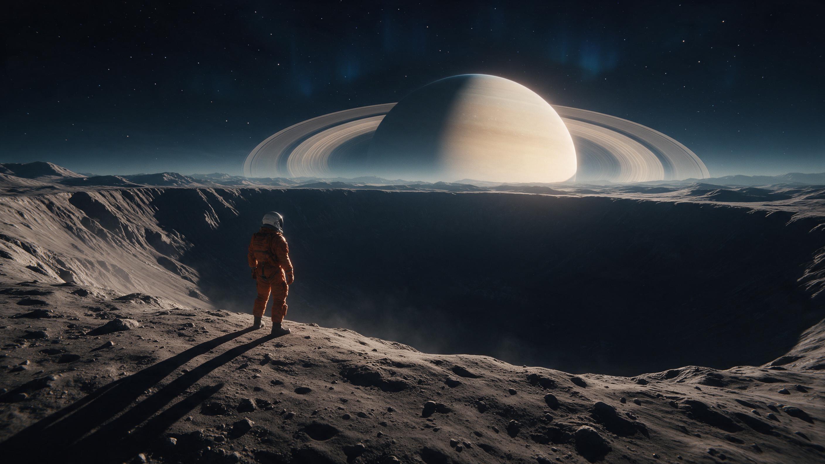 A lone astronaut in a weathered, orange pressure suit stands on the edge of a vast, dark crater, watching a colossal, ringed planetrise on the horizon. Long shadows stretch behind, cutting through dusty regolith. Faint, blue aurora flickers high above, while the distant stars show slight, natural tr