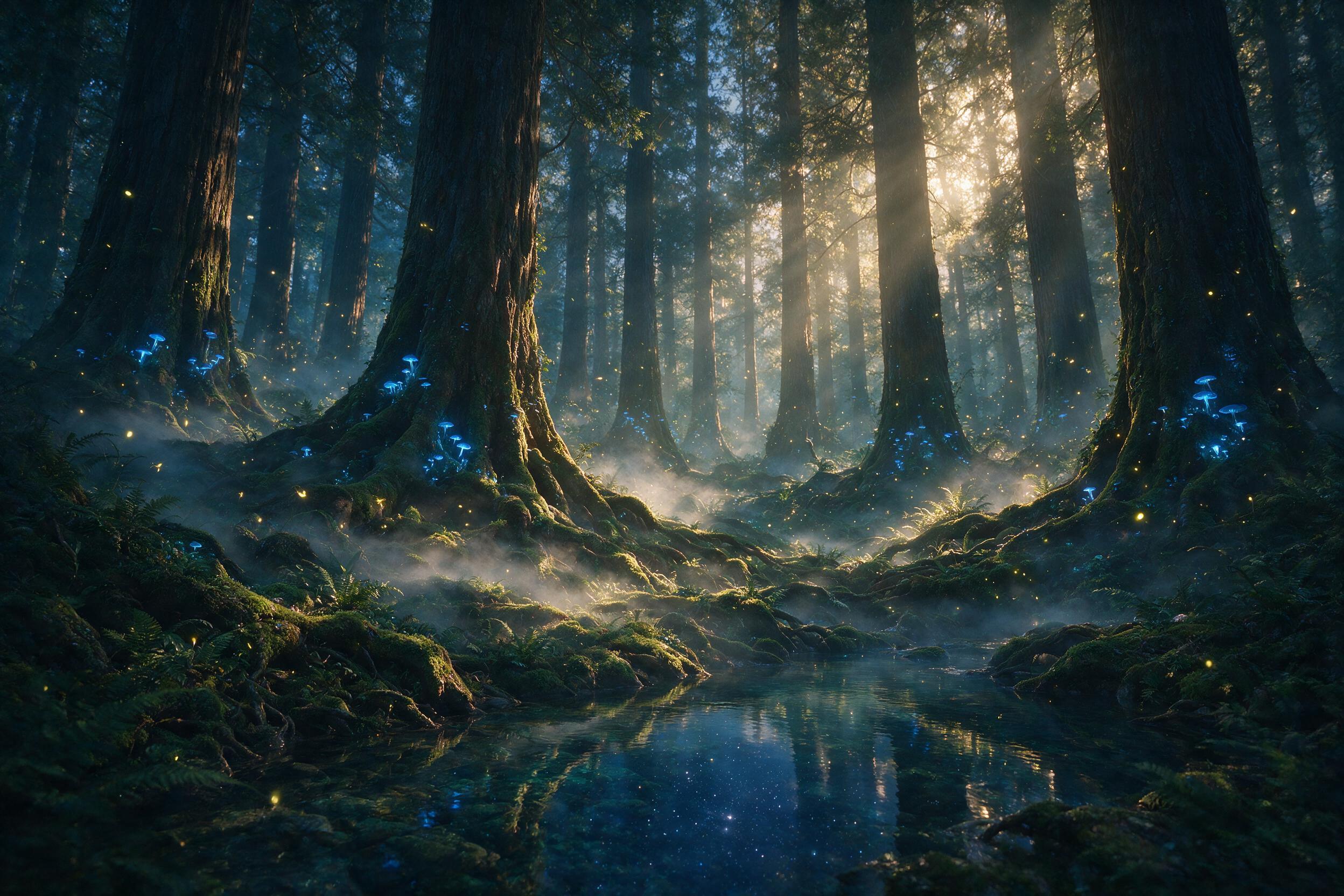 An ethereal forest at twilight, towering ancient trees with glowing blue fungi at their bases, a shimmering mist weaves between mossy roots, shafts of golden light pierce through the canopy, fireflies drift like tiny lanterns, a crystal-clear stream reflects the starry sky, detailed moss and ferns i