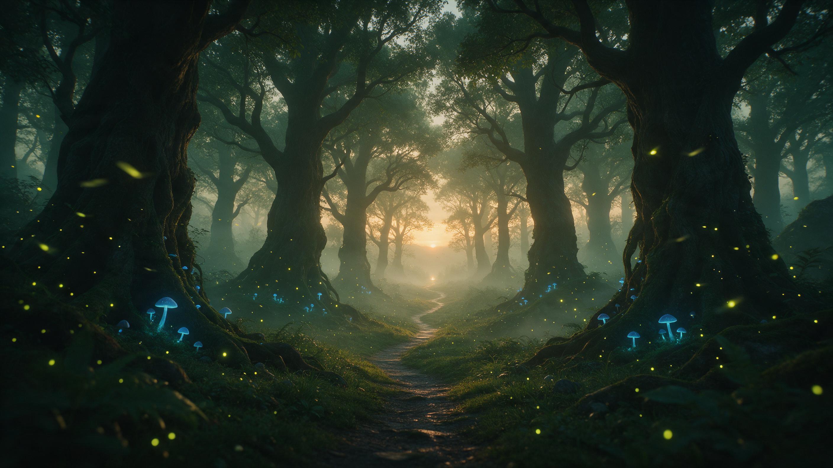 A misty ancient forest at dusk, towering gnarled trees with glowing blue mushrooms at their roots, a narrow winding path leading to a distant faint golden light, fireflies drifting in the air, soft fog catching warm amber rays from a low sun, rich green and teal tones, slight motion blur on the fire