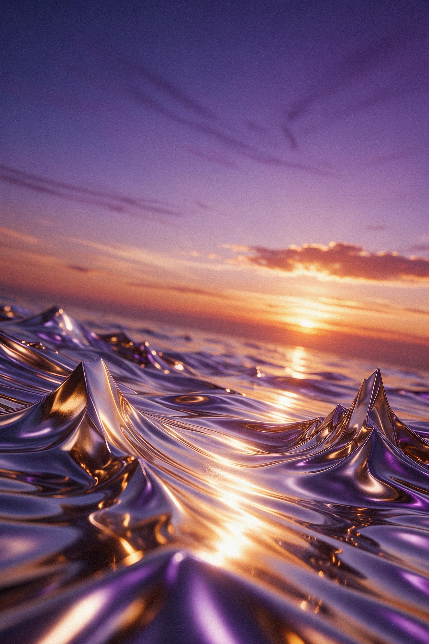 Tilted view of a rippling molten chrome surface, where liquid metal reflects a sunset sky, splitting into fractal geometric shards. Warm amber and deep violet light interplay, with subtle grain and a soft haze. Minimalist composition, negative space, no text, no faces.
