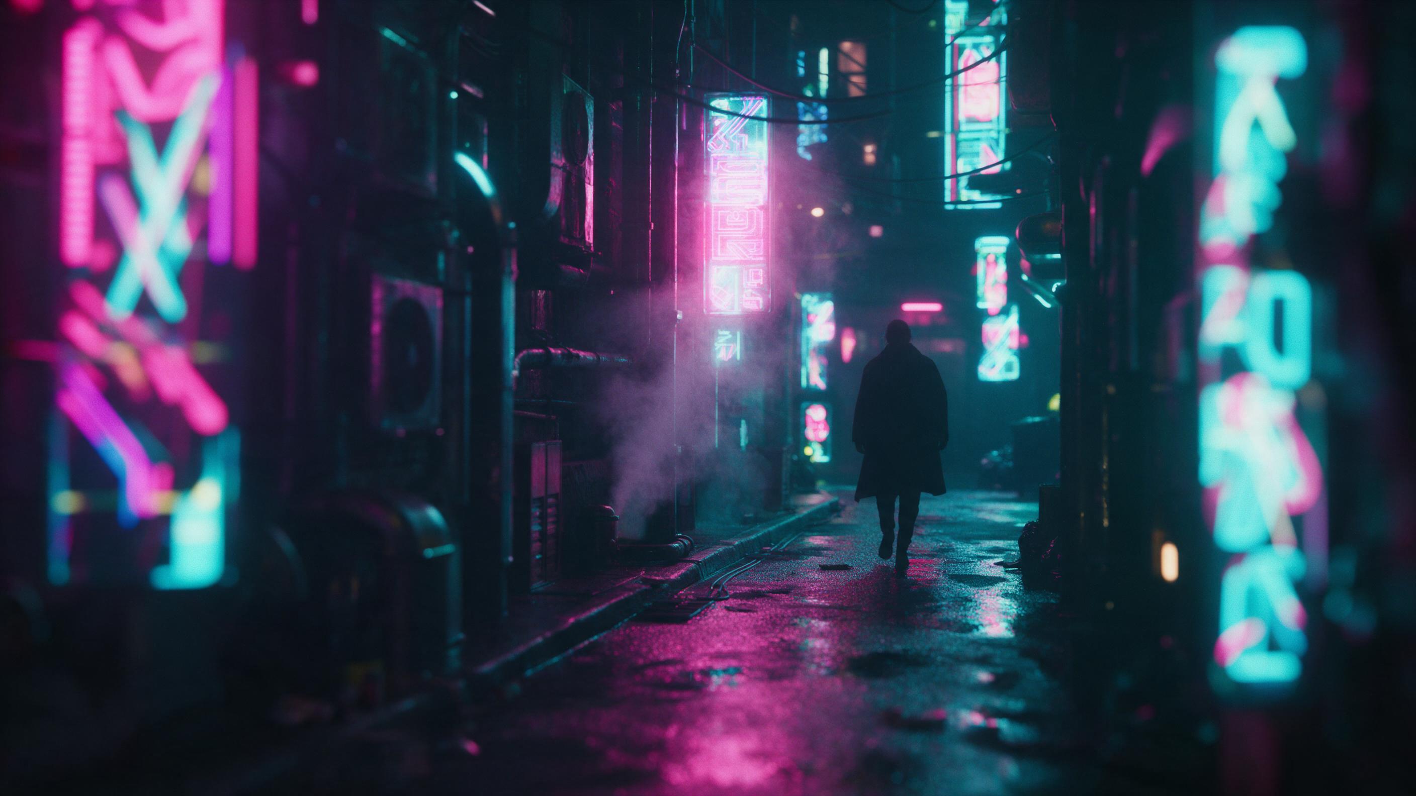 A neon-lit cyberpunk alleyway at night, rain-slicked asphalt reflecting magenta and cyan holographic signs, steam rising from a vent, a silhouette of a person in a long coat walking away, shallow depth of field with bokeh, cinematic moody lighting