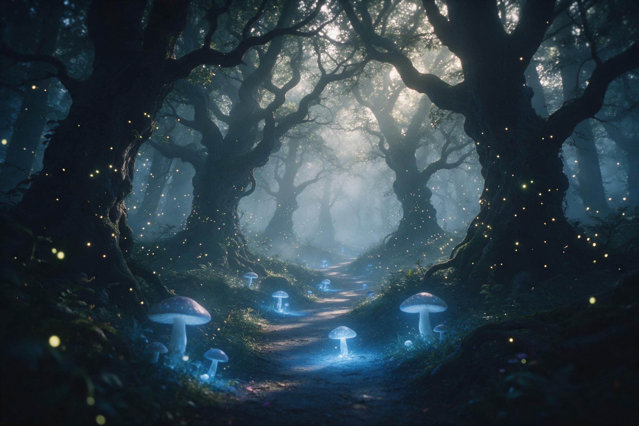 A misty enchanted forest at dawn, giant glowing mushrooms casting soft blue light on a winding path, ethereal fireflies swirling around ancient twisted trees, atmospheric fog, dappled light rays, dreamlike and mysterious. Shot on medium format film, subtle grain, natural lighting.