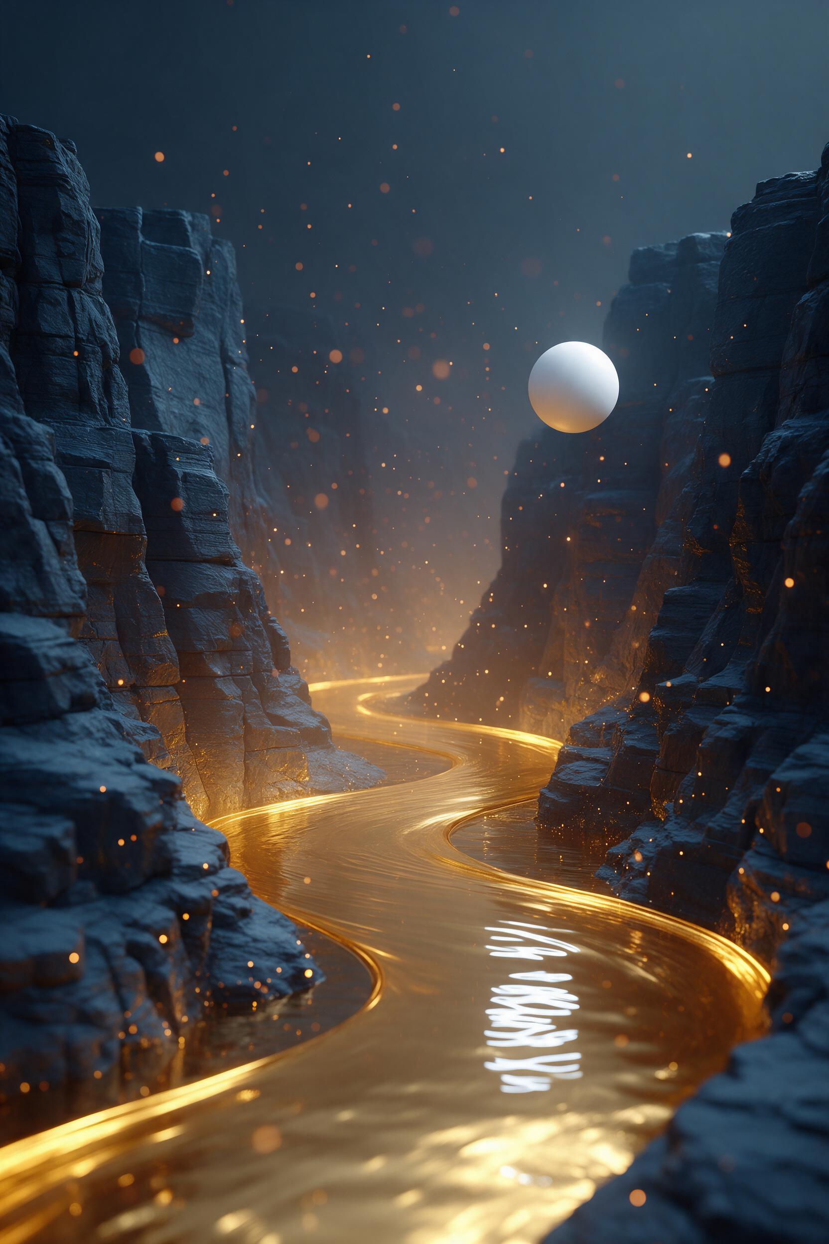 A flowing river of liquid gold meandering through a dark slate canyon, illuminated by soft, diffused embers drifting upward, with a single white geometric sphere suspended above, casting sharp reflections on the surface, slight motion blur, cool color temperature with warm accent lighting, minimalis