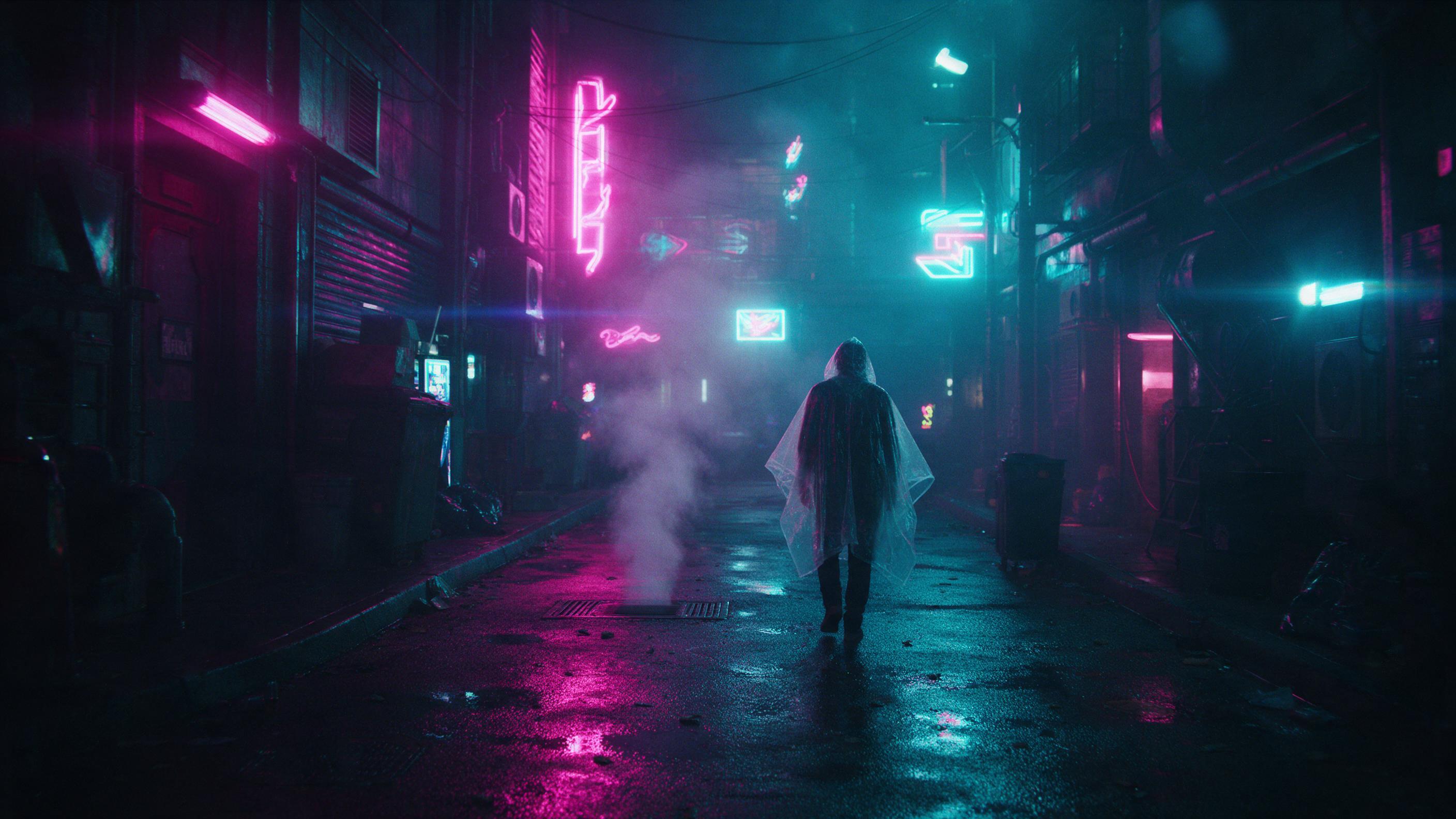 A neon-lit cyberpunk alleyway at night, rain-slicked asphalt reflecting magenta and cyan signs, a lone figure in a translucent poncho walking away, steam rising from a vent, misty atmosphere, cinematic lighting with deep shadows, slight lens flare, gritty urban texture, no daylight