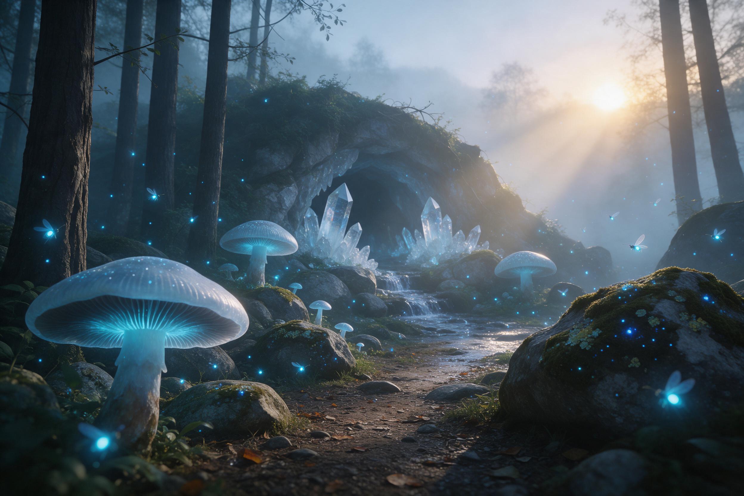 A misty forest clearing at dawn, where giant glowing mushrooms light a path to a hidden crystal cave; ethereal blue fireflies swirl around ancient mossy stones, soft volumetric rays piercing through fog, high detail, cinematic composition
