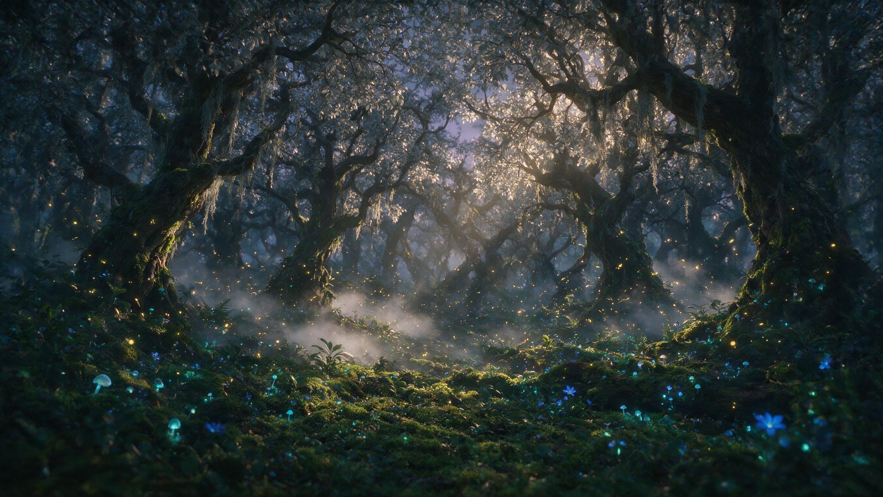An ethereal forest at twilight, bioluminescent mushrooms and glowing blue flowers scattered on the mossy ground, ancient twisted trees with silver leaves, soft mist swirling between trunks, fireflies dancing in the air, warm golden light rays piercing through the canopy, shallow depth of field, cine