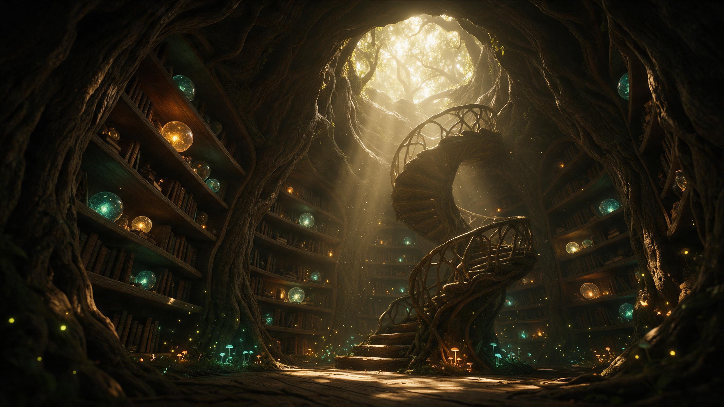 An old wizard's library hidden in a giant hollow tree, shelves curved along the bark holding glowing orbs and ancient tomes, a spiral staircase of living roots, fireflies and fungi casting soft teal and amber light, rays of sun through a canopy opening, dust motes sparkling, view from a low angle, r