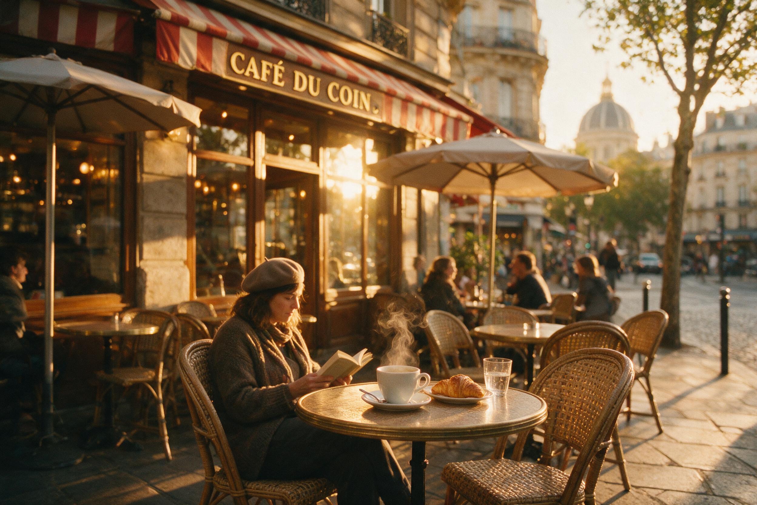 A cozy street cafe in Paris during golden hour, warm sunlight streaming through a window, a woman in a beret reading a book, steam rising from a coffee cup, shallow depth of field, natural film grain, soft bokeh in the background, slight camera motion blur