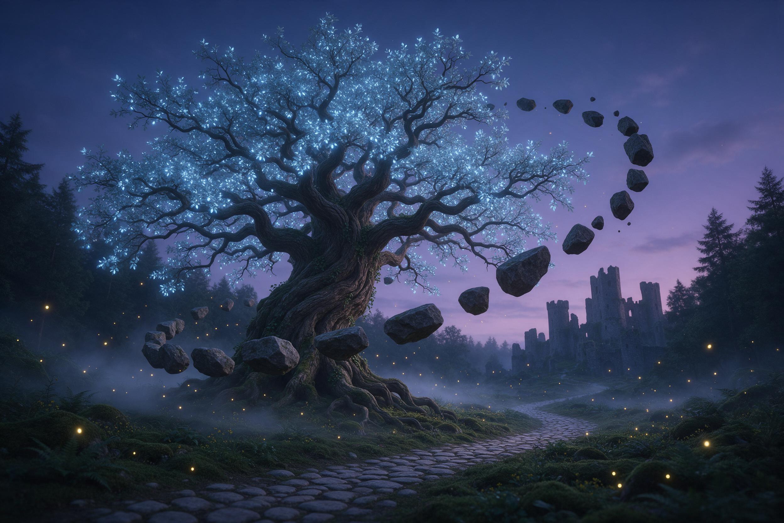 An ancient gnarled oak stands at the center of a twilight clearing, its leaves glowing with soft blue bioluminescence. Fireflies drift among floating stones that orbit the trunk in a slow spiral. Mist swirls over moss-covered ground. A narrow path of pale cobblestones leads toward a distant, ruined 