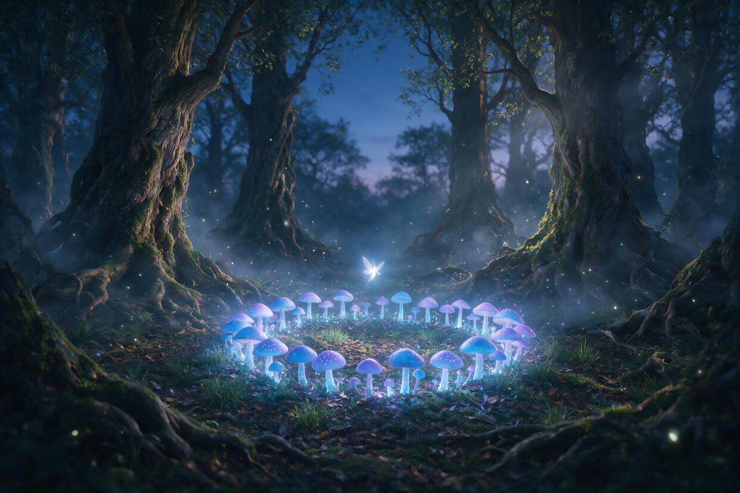 A luminous fairy with translucent wings floats above a glowing mushroom ring in a misty forest at twilight, soft blue and purple light emanates from the ground, ancient trees with twisted roots, fireflies scattered, shallow depth of field, natural volumetric lighting, slight mist.