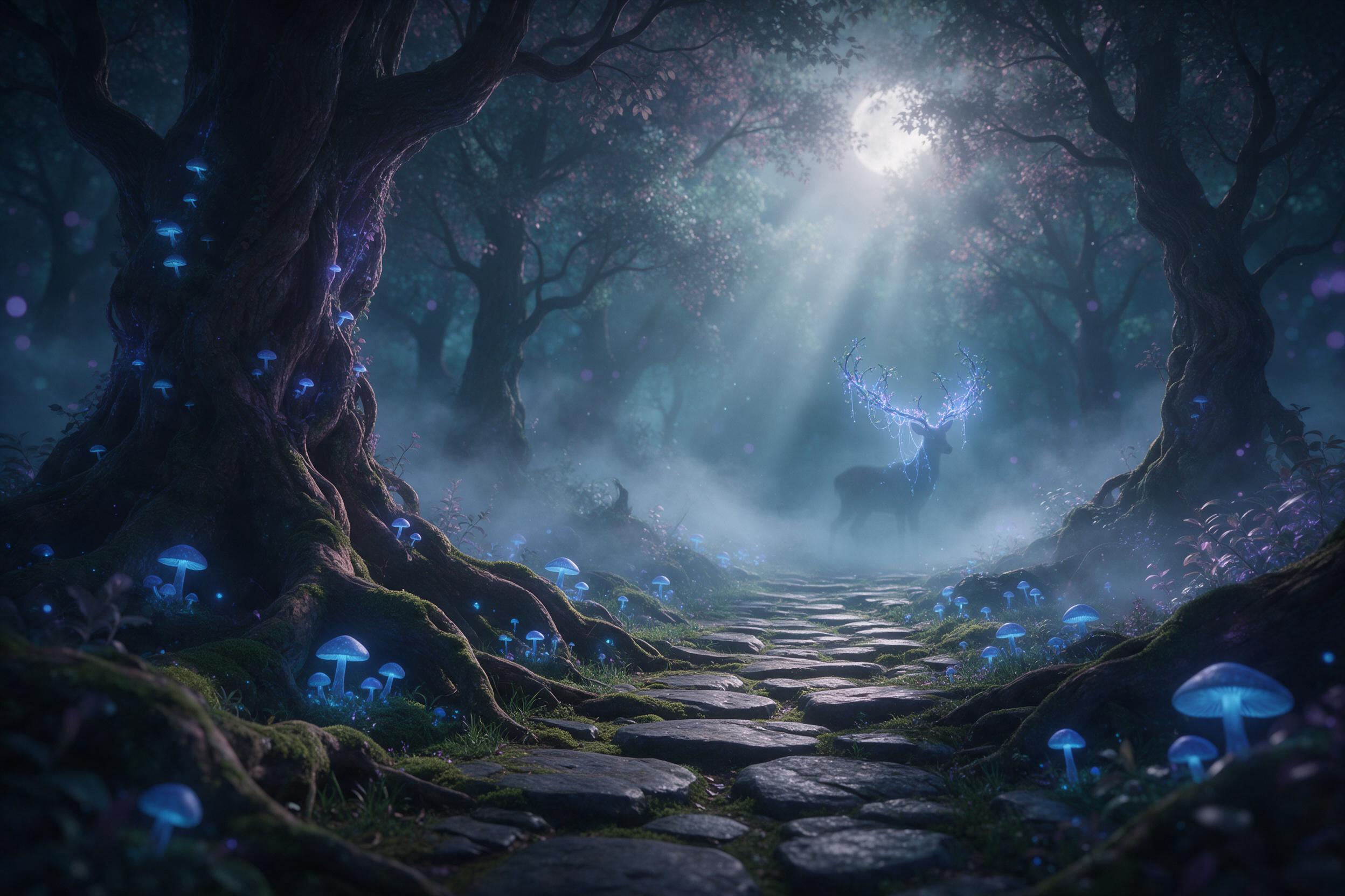 A moonlit enchanted forest with glowing blue mushrooms lining a mossy stone path, silver mist weaving between ancient gnarled trees, a faint silhouette of a deer with antlers made of bioluminescent vines, soft volumetric light rays filtering through canopy, ethereal atmosphere, muted teal and violet