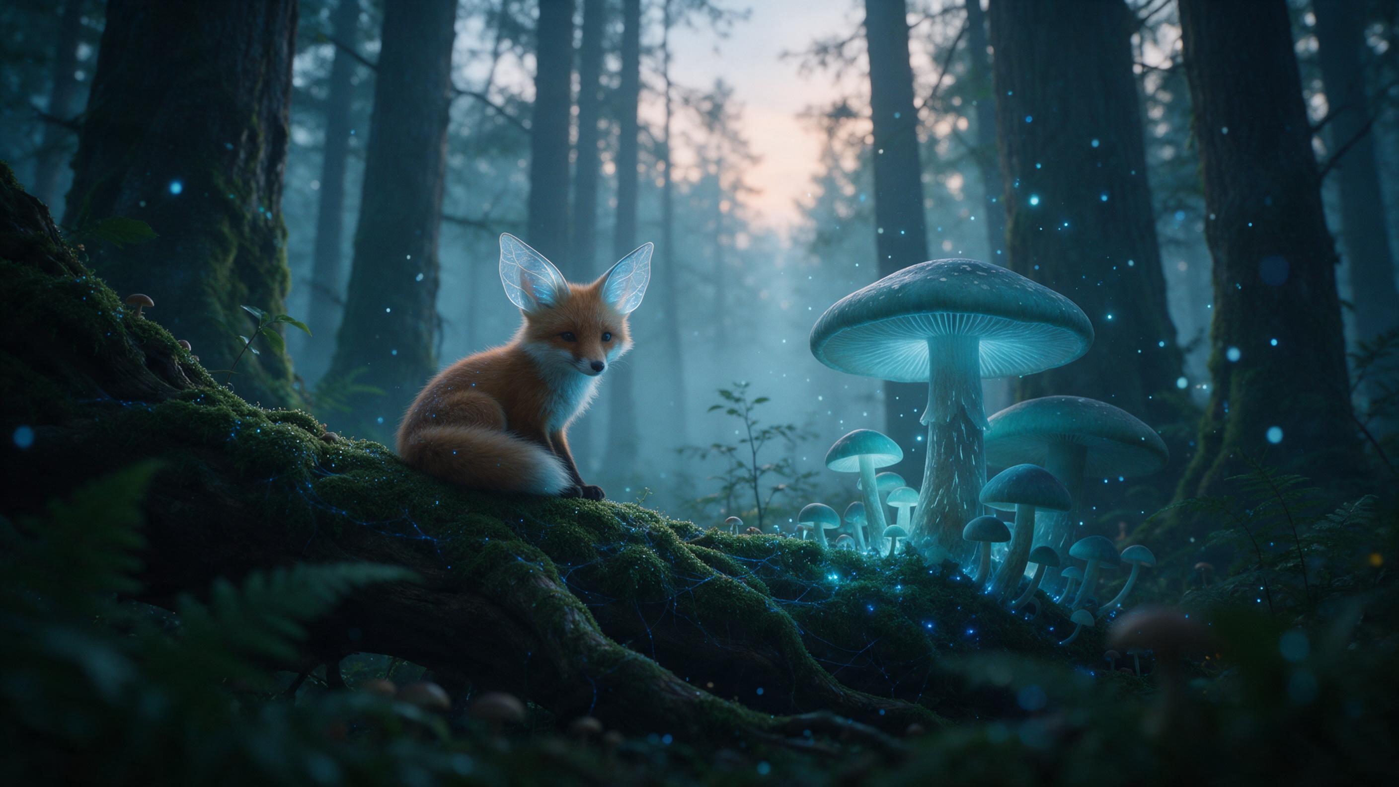 A misty ancient forest at dawn, giant glowing mushrooms casting soft blue light, a small fox spirit with translucent ears sitting on mossy roots, ethereal particles floating, deep green and teal palette, shallow depth of field, cinematic composition