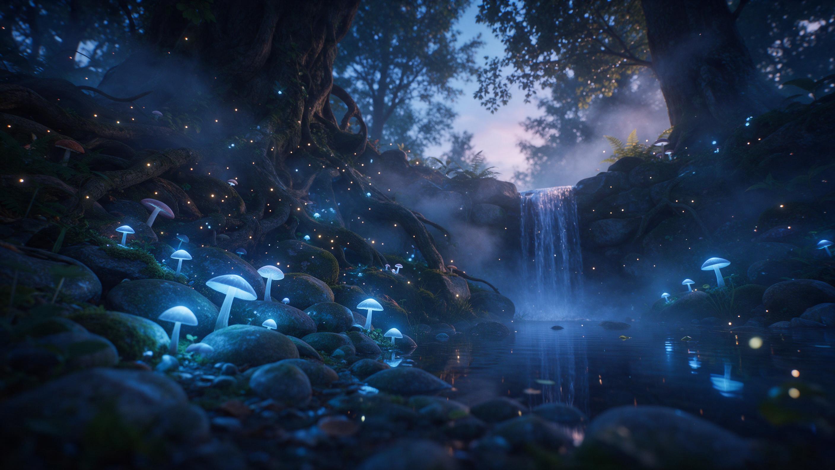 A whimsical forest clearing at twilight, where bioluminescent mushrooms cast a soft blue glow on mossy stones, and a gentle waterfall cascades into a mirror-like pool, while tiny fairy lights flit between ancient tree roots, with mist curling through the air, shot from a low angle, dreamy and ethere