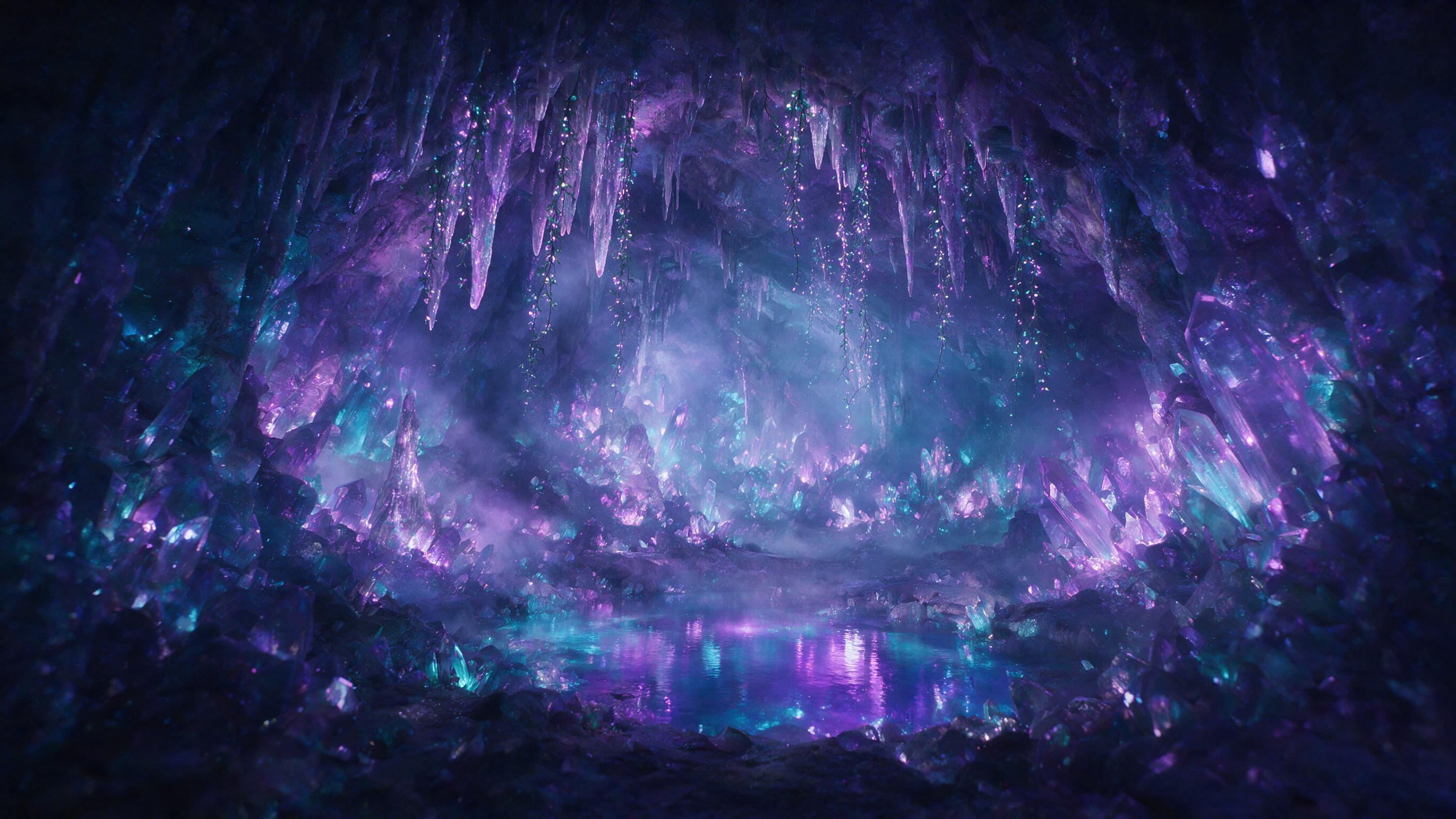 A luminous crystal cave deep underground, bioluminescent vines hanging from stalactites, a small pool reflecting violet and cyan light, soft mist drifting, ethereal atmosphere, cinematic composition