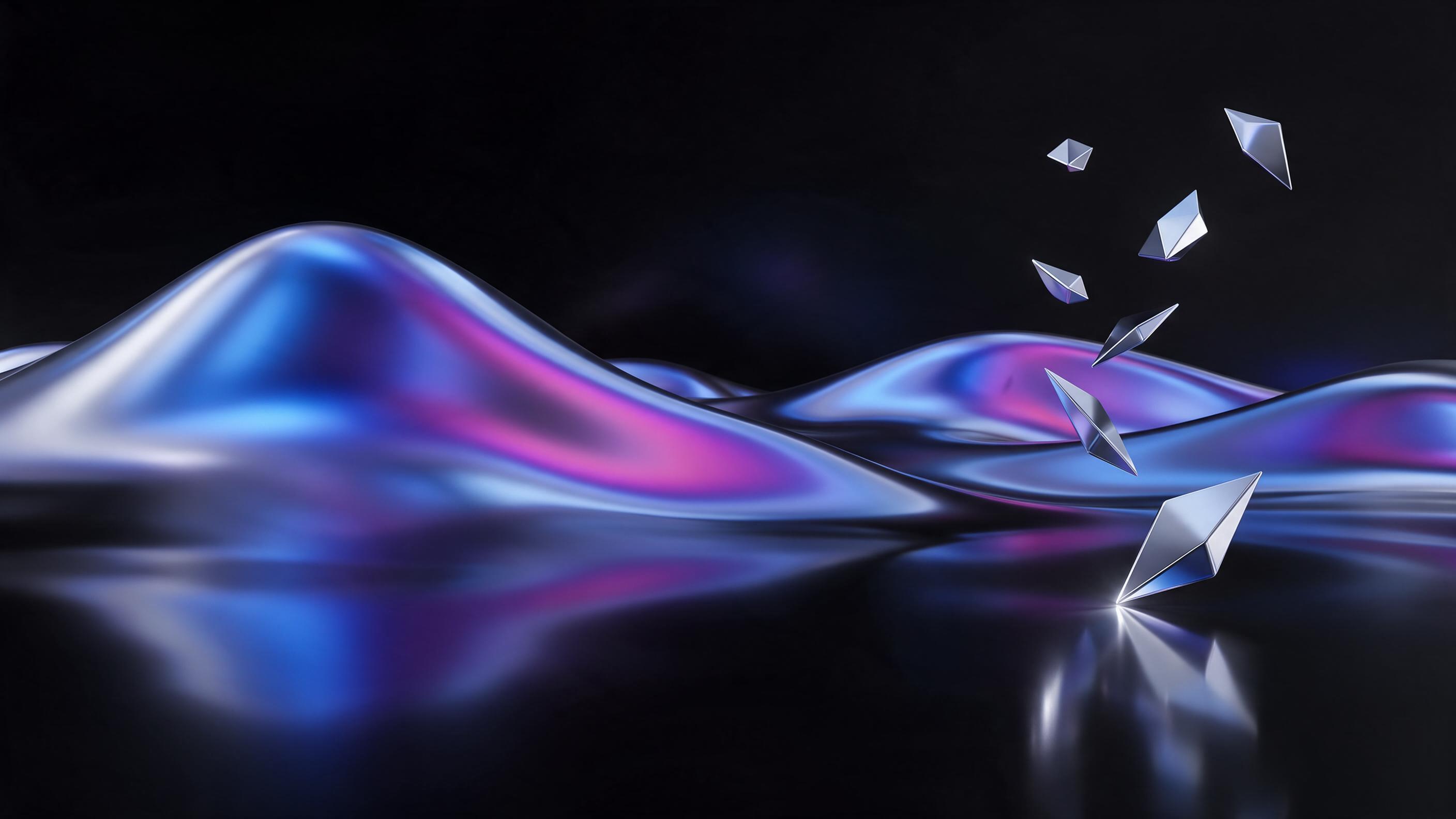 Liquid chrome waves flowing over a black mirror surface, iridescent reflections in electric blue and magenta, sharp geometric shards floating above, soft studio light, minimalist composition, wide-angle view, smooth gradients