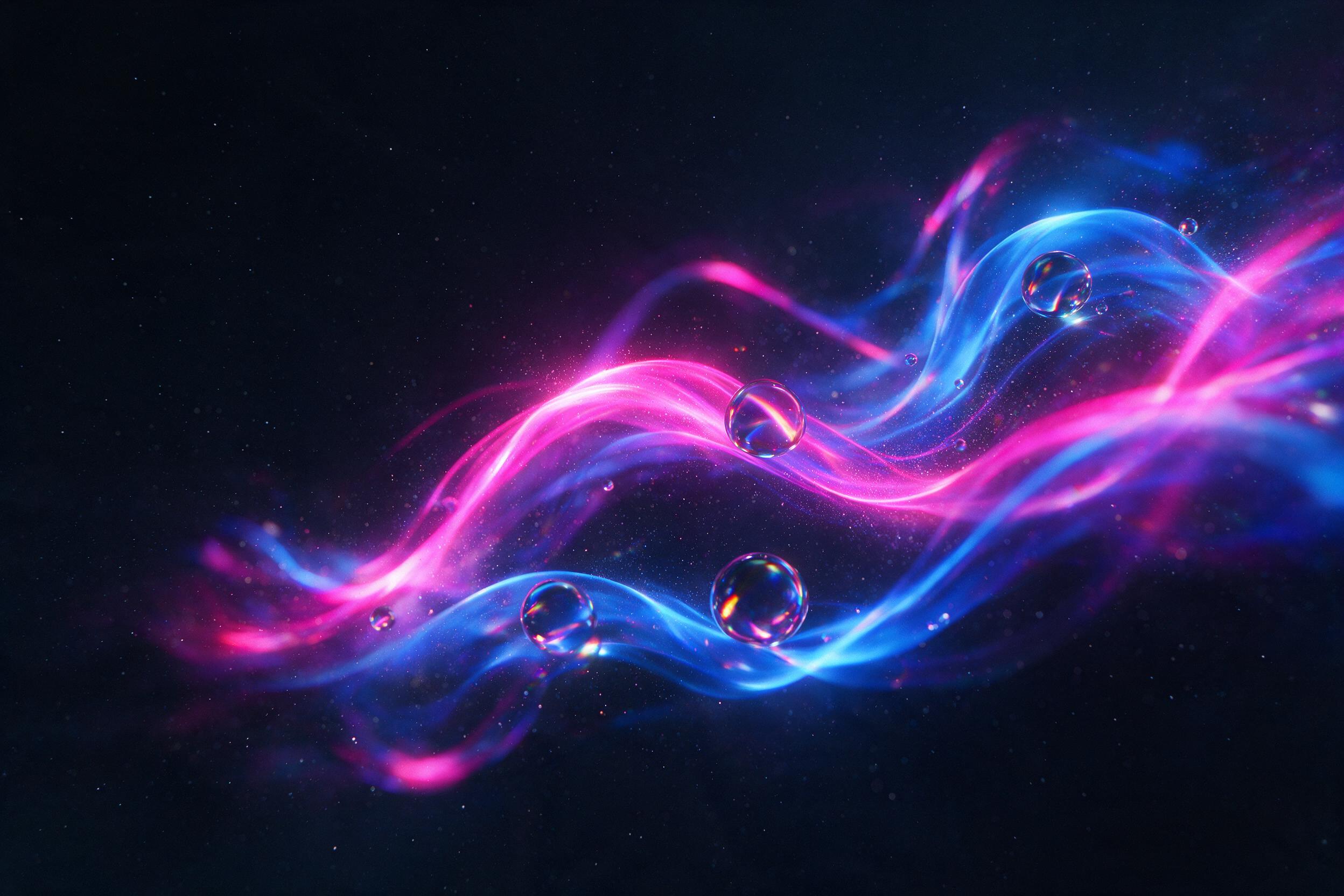 Swirling ribbons of neon magenta and electric blue twist through a dark void, small glass spheres refract light into miniature rainbows, subtle dust particles float in soft side lighting, minimalist composition with negative space on the left