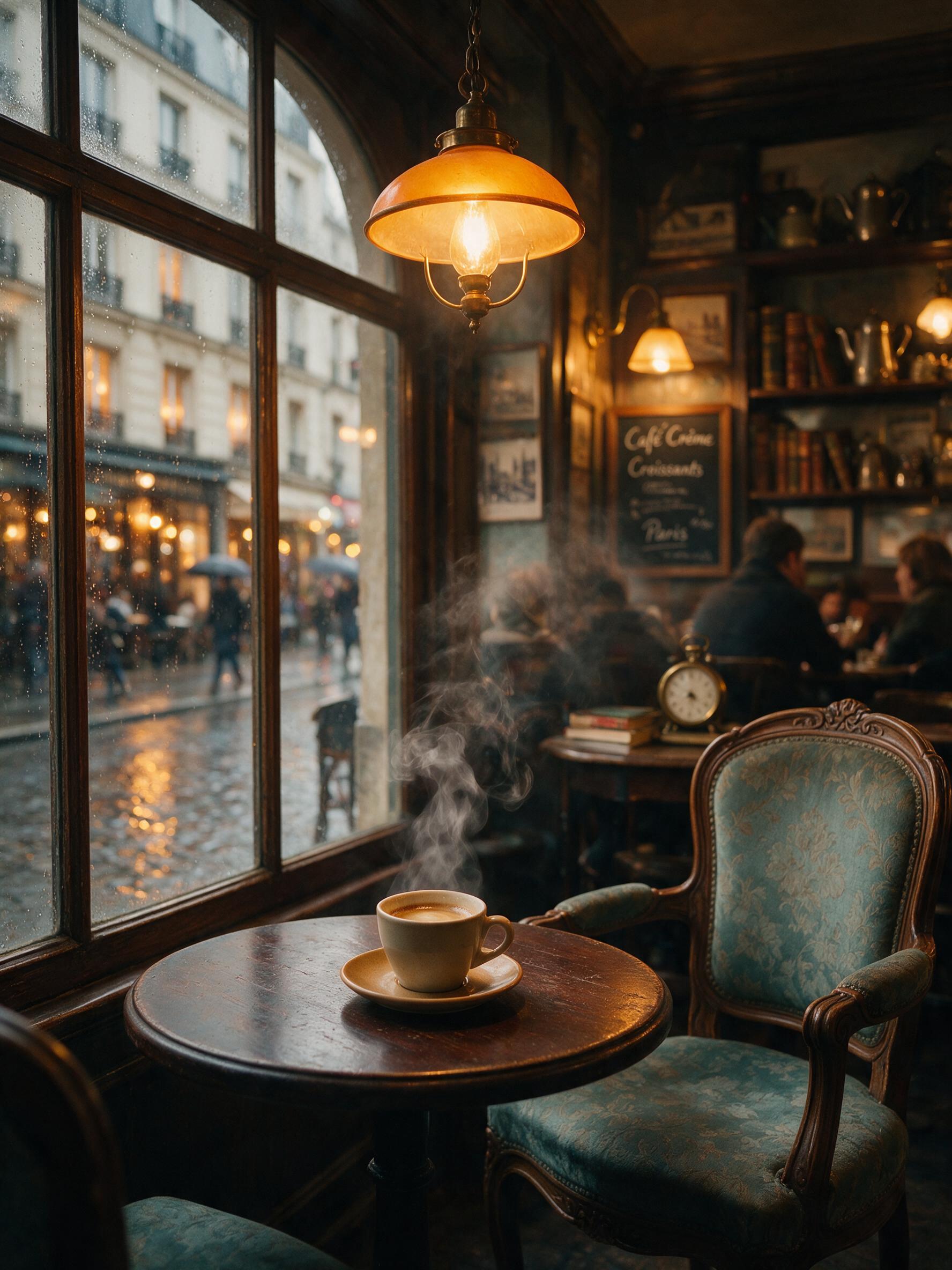 A cozy corner in a rainy Parisian café, warm amber light spills from a hanging lamp, steam curls from a ceramic espresso cup, wet cobblestone street visible through the fogged window, soft bokeh in the background, muted teal and brown tones, natural atmospheric haze.