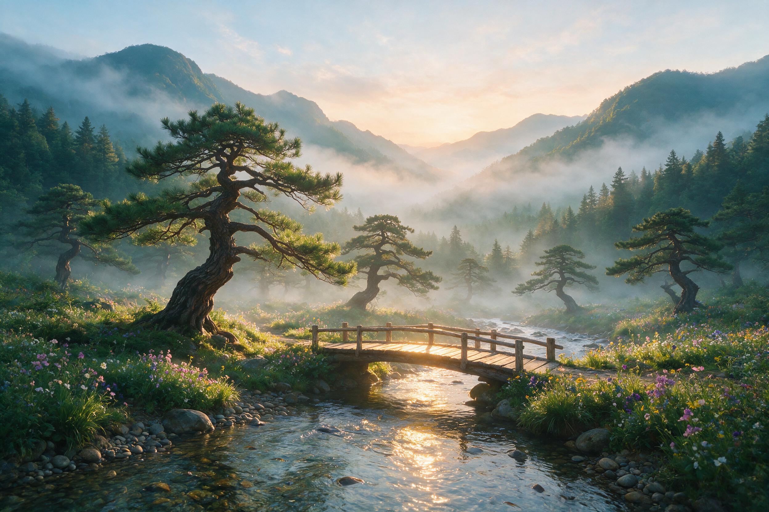 Mist-covered valley at dawn, soft golden light filtering through ancient pine trees, layered mountains in the distance, a small wooden bridge over a crystal-clear stream, wildflowers blooming along the banks, calm and serene atmosphere, natural color palette with warm morning hues.
