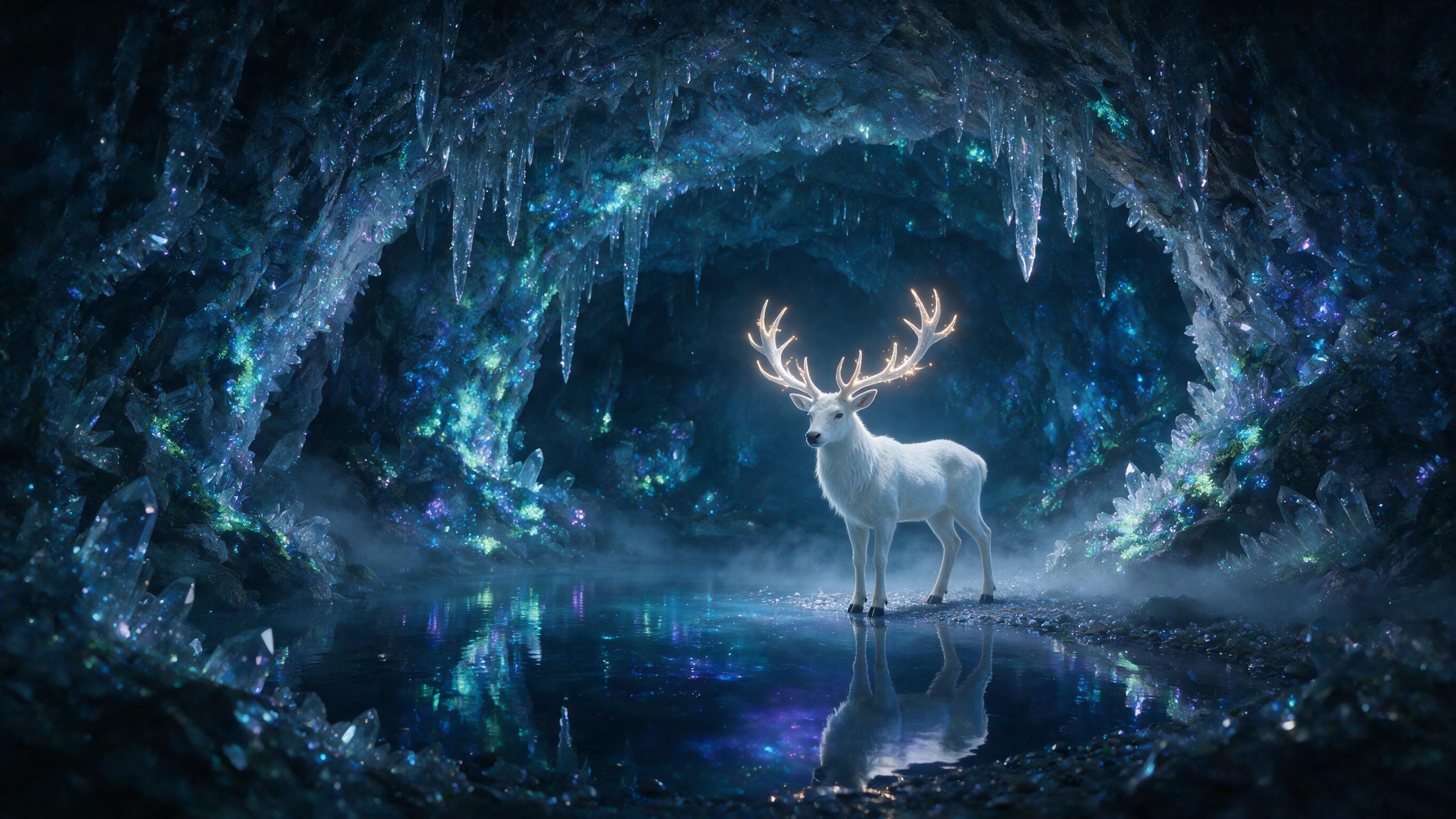 A luminous crystal cave deep underground, bioluminescent moss clings to jagged walls, soft blue and purple light pools on a still water surface, a single white stag stands at the water's edge, antlers glowing with faint golden light, natural shadows, slight mist, quiet mysterious atmosphere.