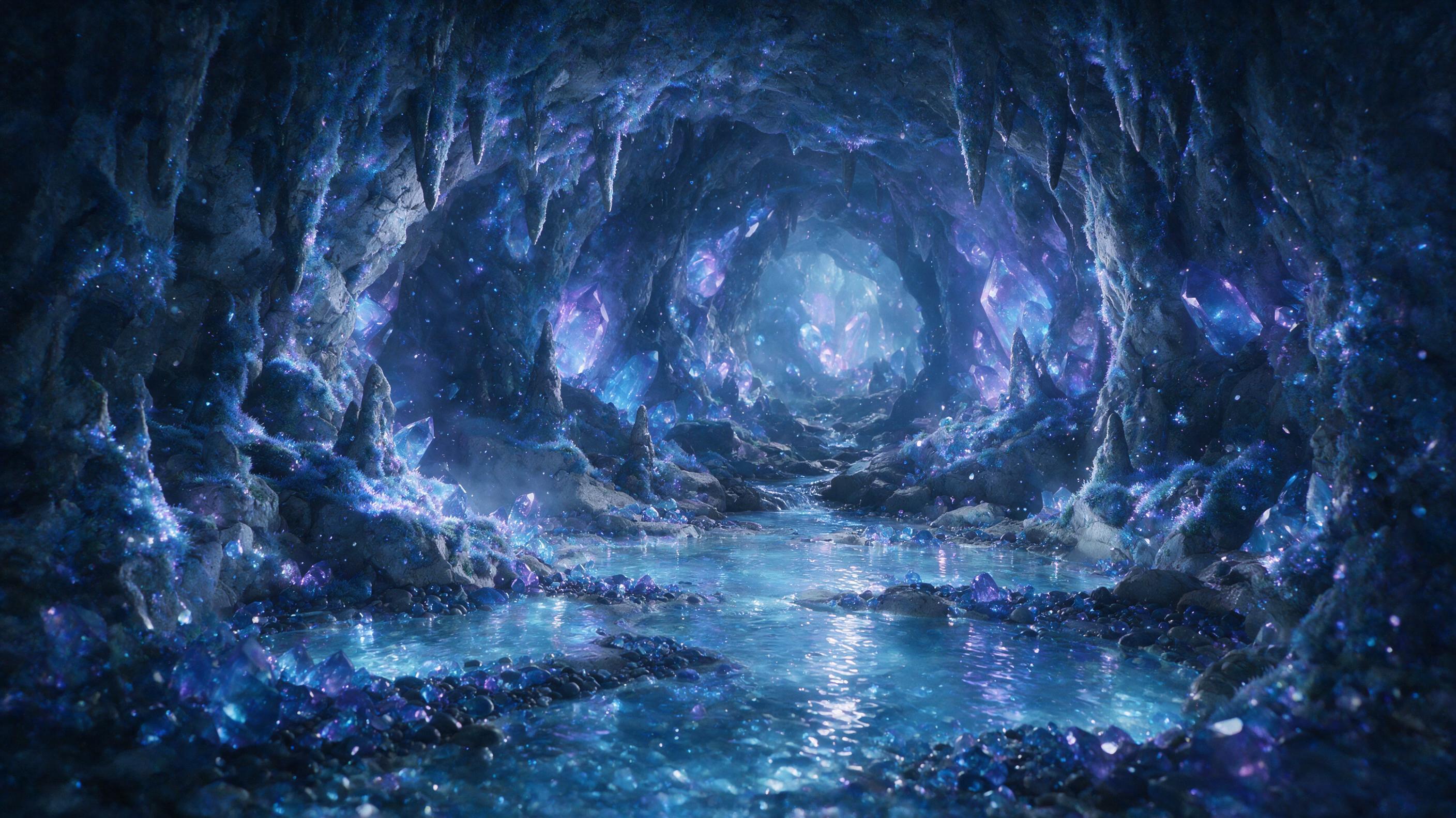 A glowing crystal cave deep underground, bioluminescent moss clinging to jagged walls, scattered pools of shimmering liquid, soft blue and purple light, misty atmosphere, subtle floating particles, wide-angle composition, cinematic depth