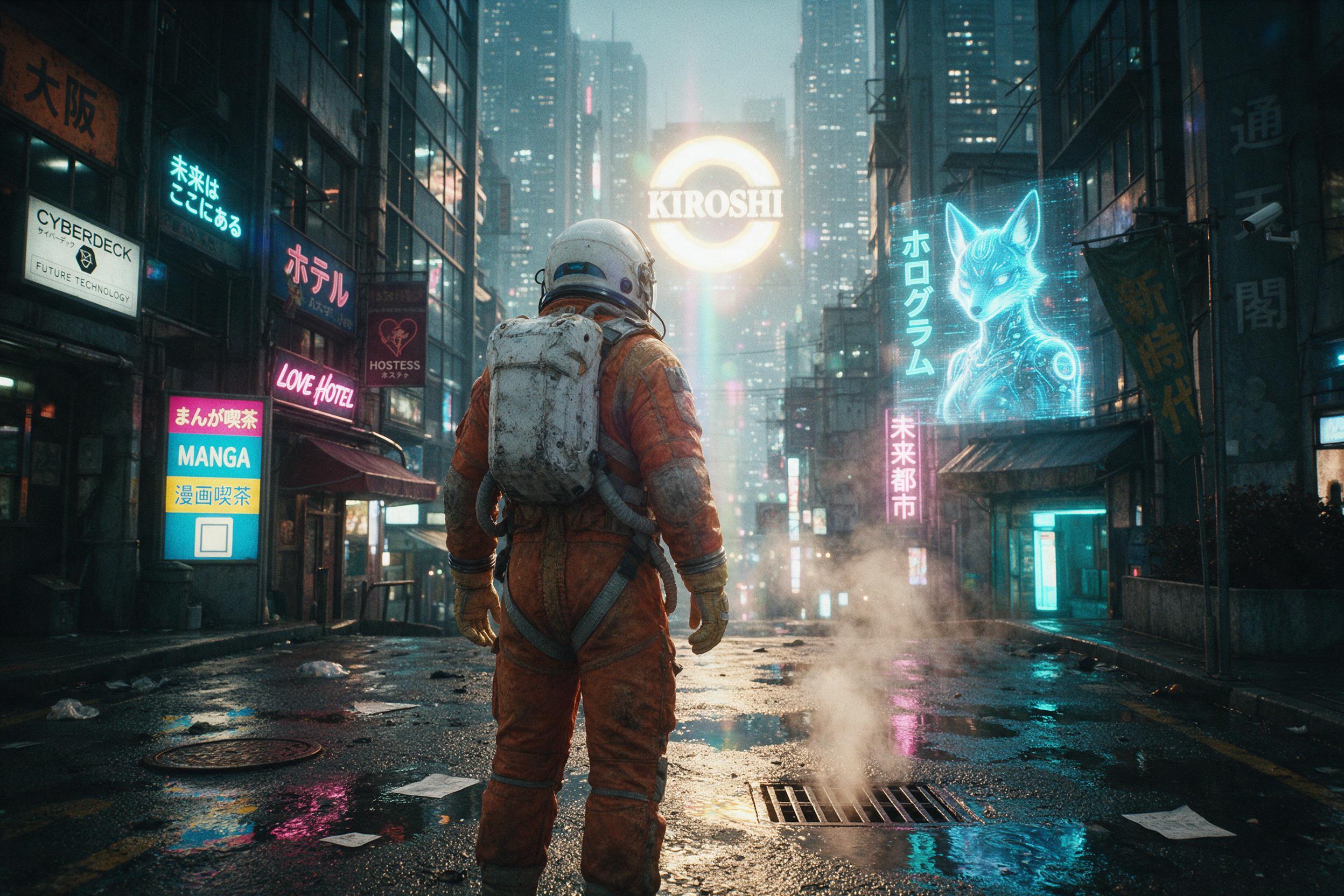 A lone astronaut in a weathered orange suit stands on a rain-slicked neon-lit street of a cyberpunk megacity, holographic advertisements flickering with cyan and magenta, steam rising from vents, reflections distorting in puddles, cinematic wide shot, dramatic backlight, slight lens flare, film grai